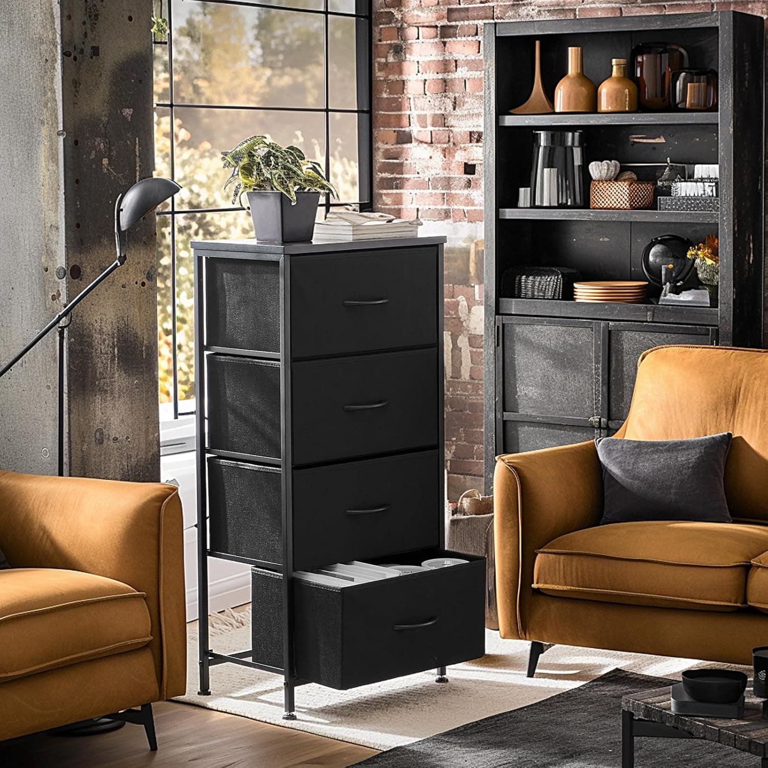 Sweetcrispy Nightstand Small Bedroom Dresser with 4 Fabric Drawers, Bed Side Furniture End Table, Wooden Top Cabinet Night Stand Dresser for Closet, Entryway, Dorm, Black Black 17.7"D x 11.8"W x 37"H (4 Drawers) - Image 3