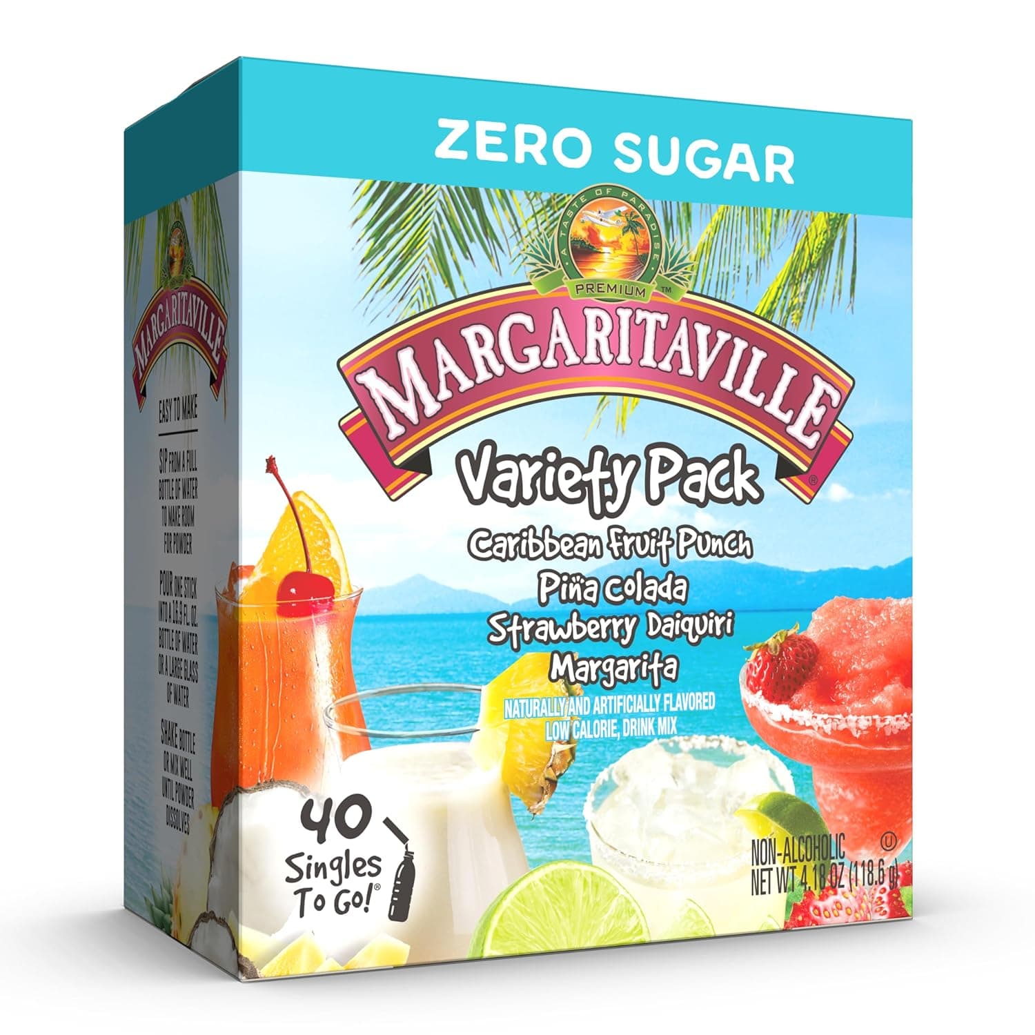 SINGLES TO GO! Margaritaville Water Drink Mix, Variety Pack, Includes 4 Flavors: Caribbean Fruit Punch, Pina Colada, Strawberry Daiquiri, And Margarita,1 Box (40 Single Servings) - Image 2