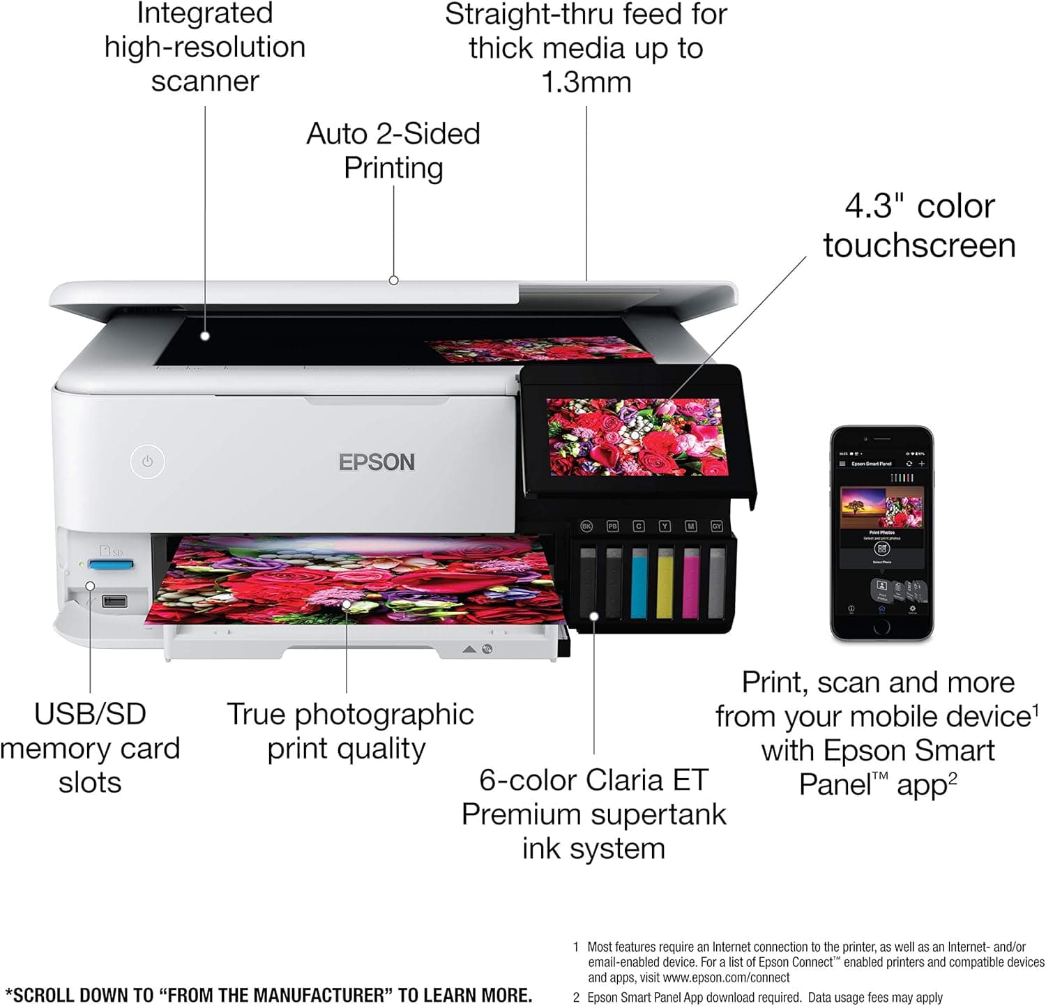 Epson EcoTank Photo ET-8500 Wireless Color All-in-One Supertank Printer with Scanner Copier, Ethernet and 4.3-inch Colorfull Touchscreen - White - Image 4