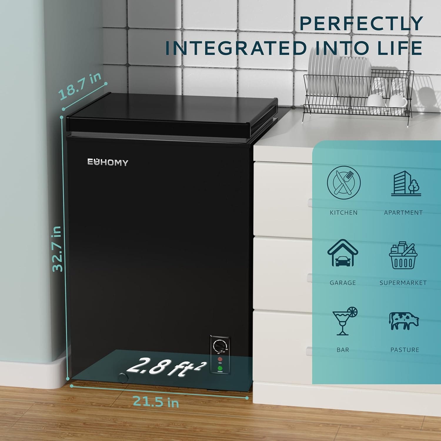 EUHOMY 3.5 Cu.Ft Chest Freezer with Wheels, Small Deep Freezer Adjustable 7 Thermostat, Quiet Mini Freezer Free-Standing Top Door, Energy Saving for Apartment/Garage/Basement/Dorm/Home, New Black 3.5 CU.FT (With Wheels) - Image 7