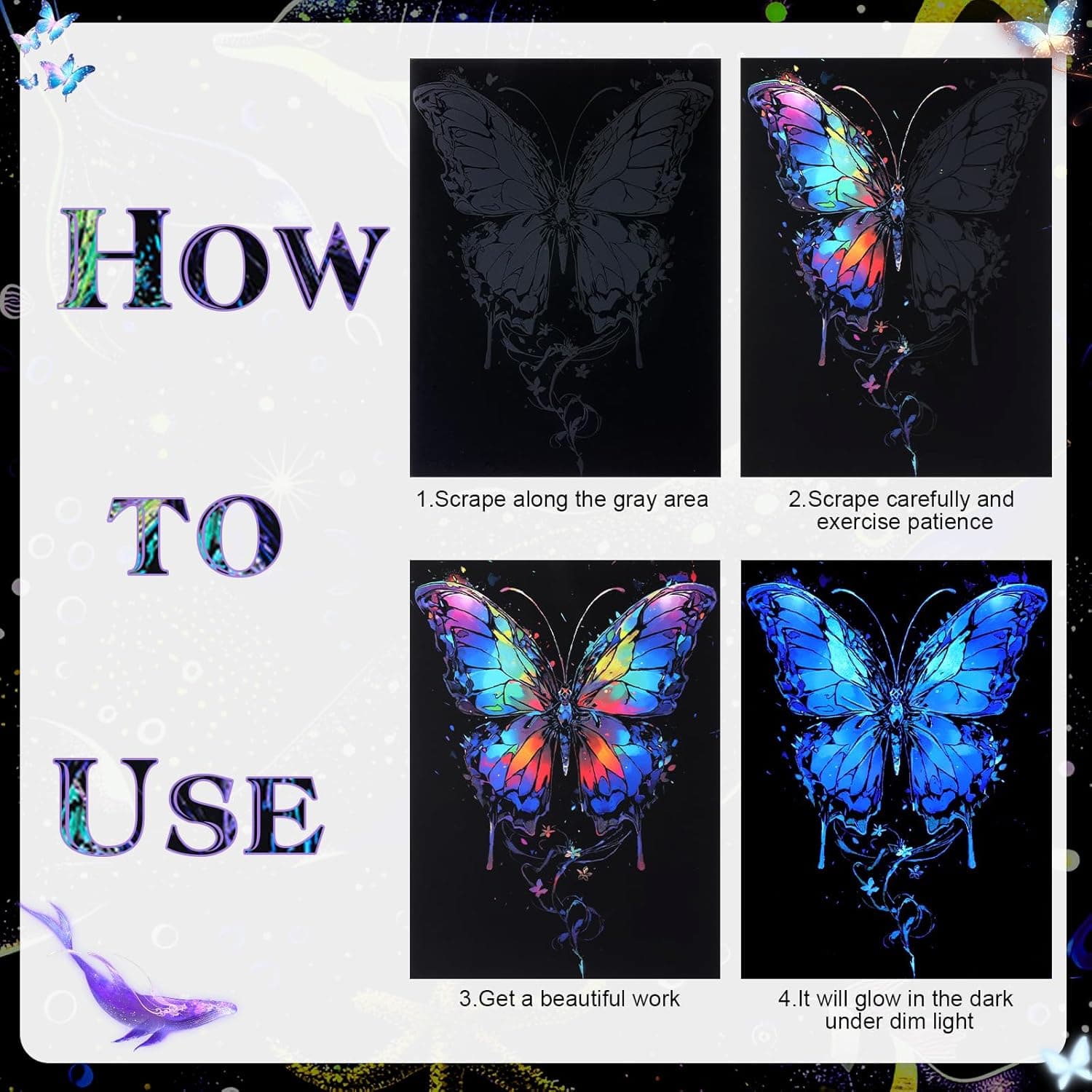 8 Pack Glow in The Dark Scratch Art for Adult Rainbow Painting Paper Sheet with Pen/Cleaning Brush Noctilucent Engraving Scratchboard for Adults Gift Craft for Gift, Stress Relief Animal - Image 7