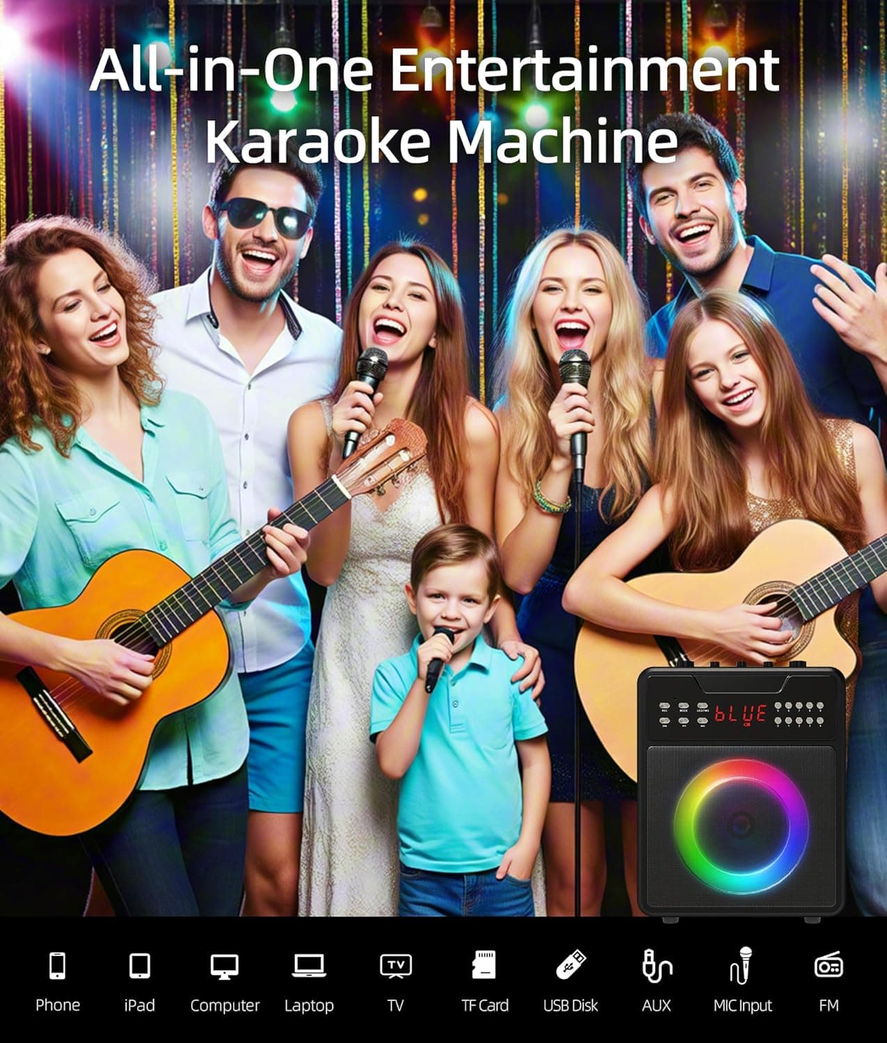 Máquina de Karaoke para Adultos, Altavoz Bluetooth Portátil con 2 Micrófonos Inalámbricos y Show de Luces, Altavoz de Karaoke con Graves y Agudos, Soporta TWS, USB, FM, REC, AUX in, Tarjeta TF para Fiesta/Reunión Negro - Image 6