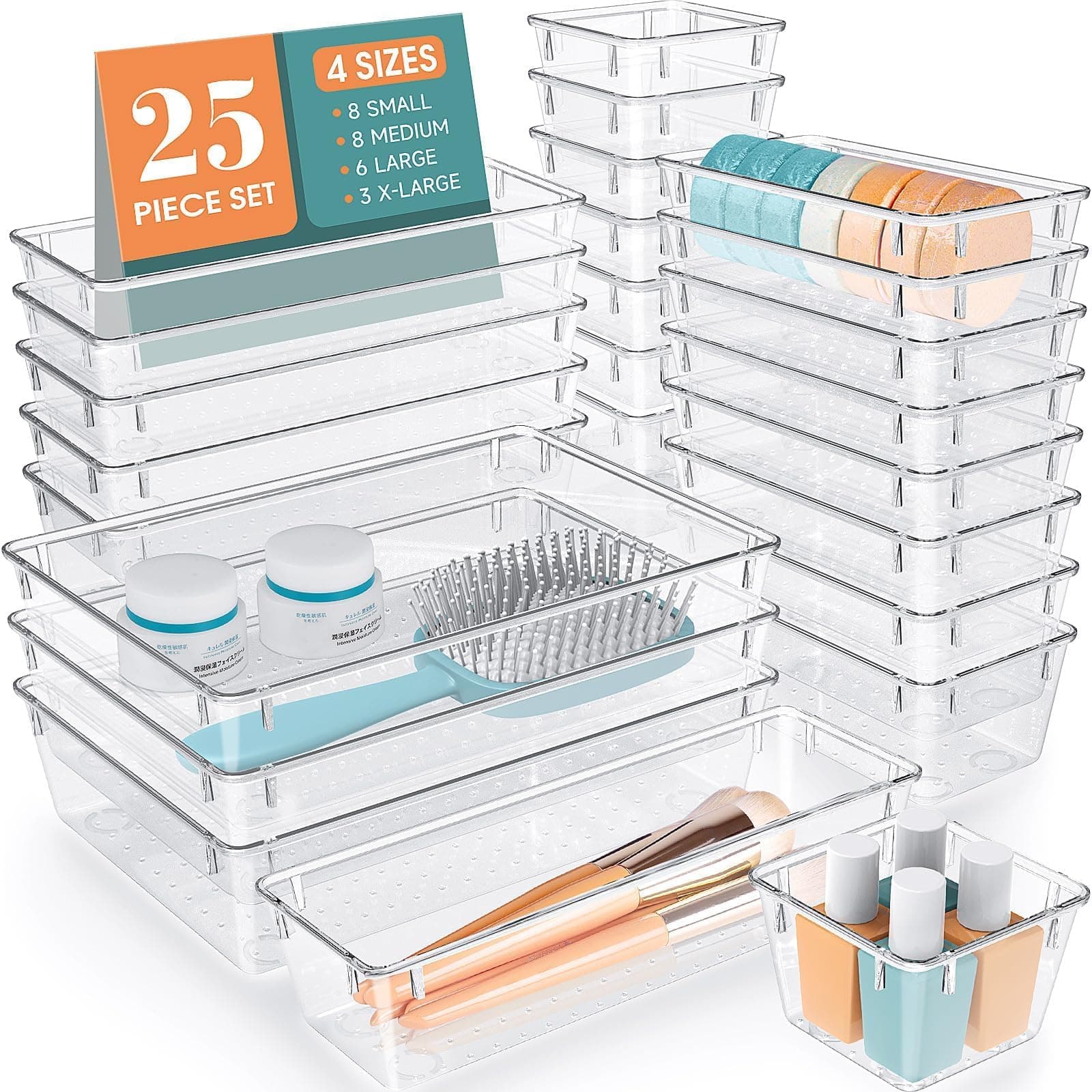 WOWBOX Juego de Organizadores de Cajones de Plástico Transparente de 25 Piezas, 4 Tamaños, Divisores de Cajones de Escritorio y Contenedores de Almacenamiento para Maquillaje, Joyería, Gadgets para Cocina, Dormitorio, Baño, Oficina