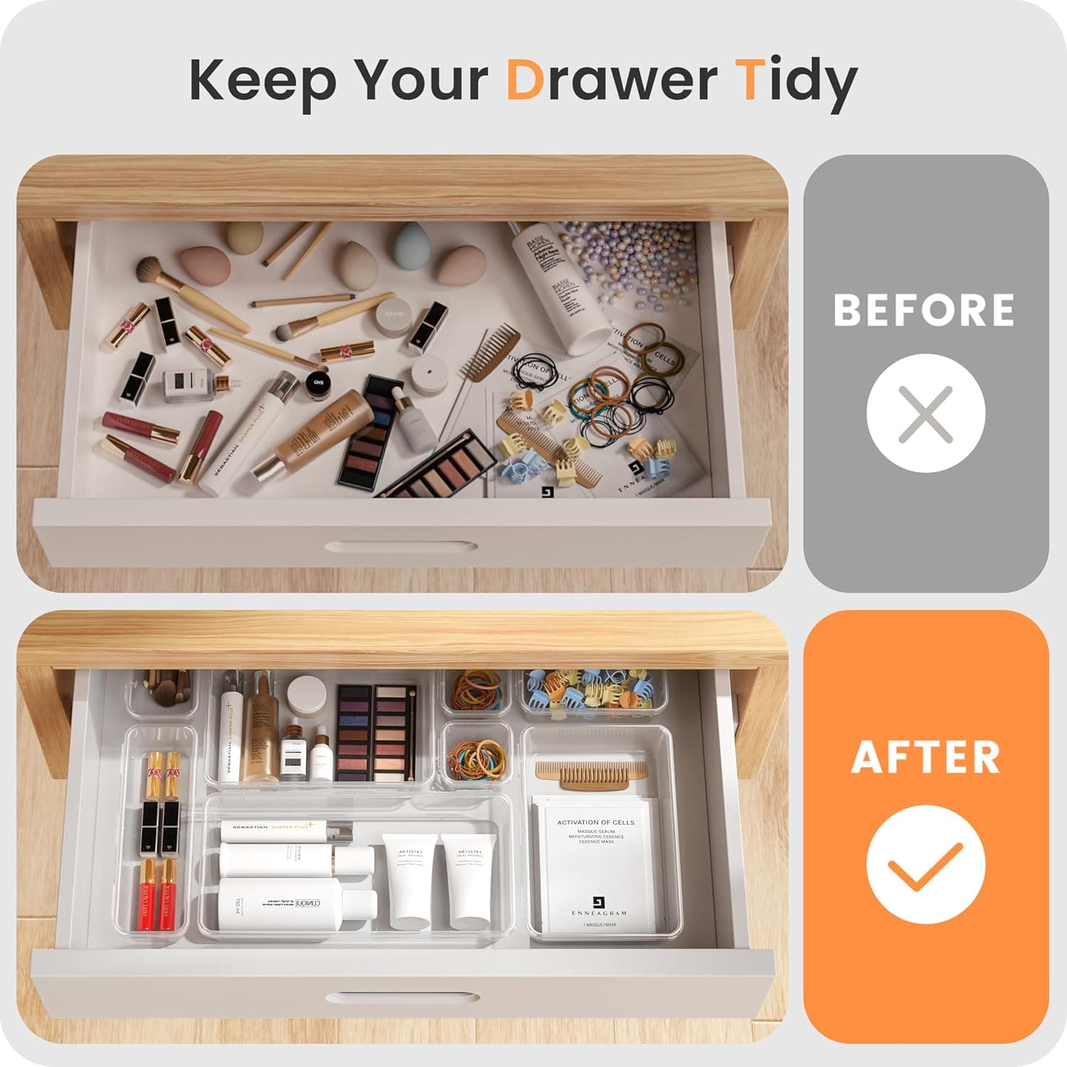 A-LuGei 【Military Grade】 Drawer Organizer, 【𝟱𝗦𝗶𝘇𝗲】 Makeup organizer, 【Holds 177 Items】 Bathroom Organizers and Storage, Organization and Storage, Desk Drawer Organizer for Bathroom Vanity 5size 28Clear - Image 7