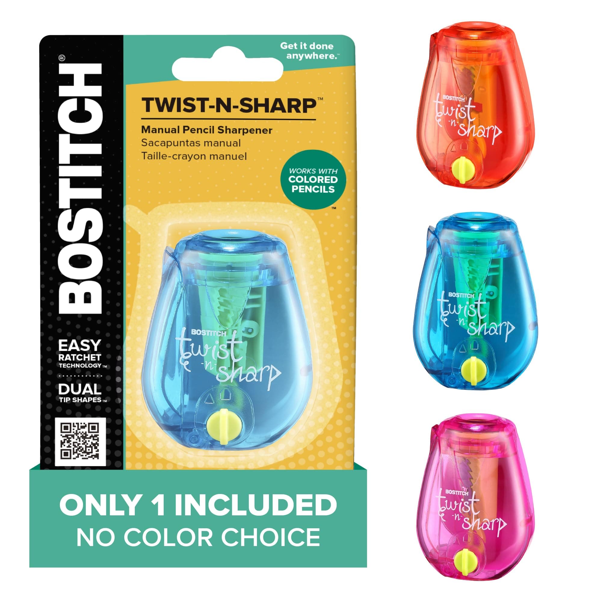 Bostitch Office Pencil Sharpener, Manual, One Assorted Color, Twist-n-Sharp, Kids, Boys, Girls, Colored Pencils, 1 Pack Single Assorted