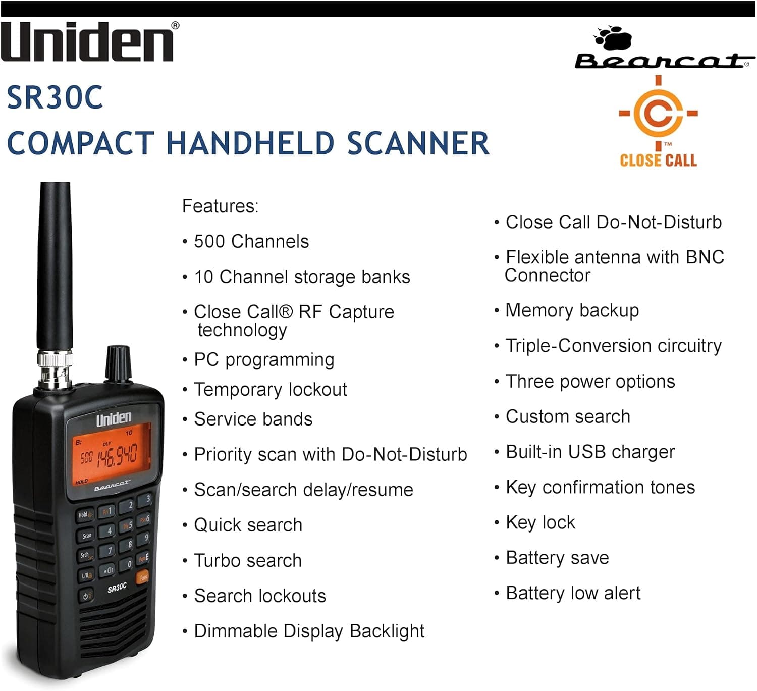 Uniden Bearcat SR30C, 500-Channel Compact Handheld Scanner, Close Call RF Capture, Turbo Search, PC programable, NASCAR, Racing, Aviation, Marine, Railroad, and Non-Digital Police/Fire/Public Safety Radio Scanner - Image 6
