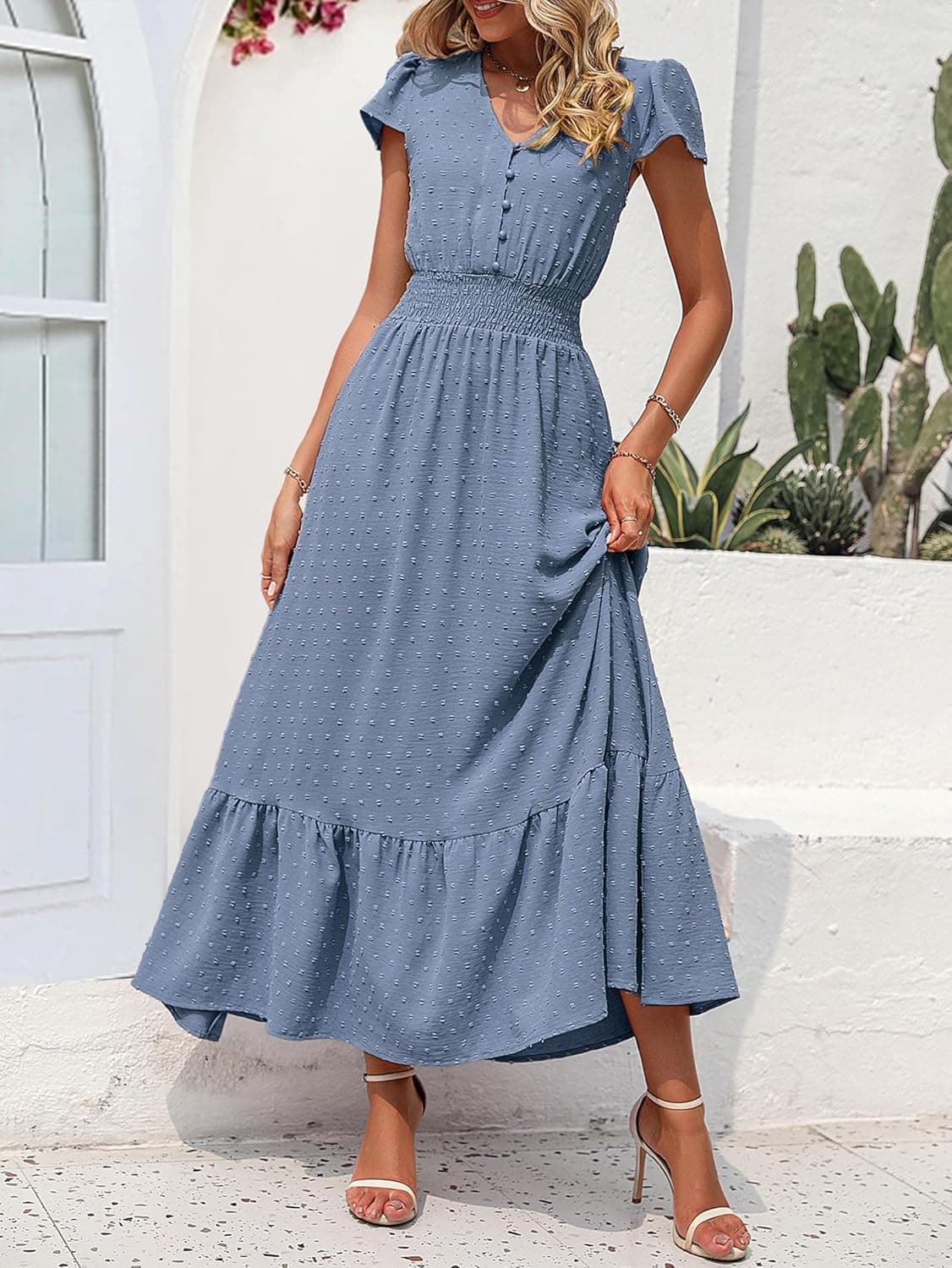 PRETTYGARDEN Womens Dresses 2025 Summer Maxi Dress Boho Short Sleeve V Neck Swiss Dot Ruffle Tiered Smocked Flowy Long Dress Small Z02-grey Blue - Image 3