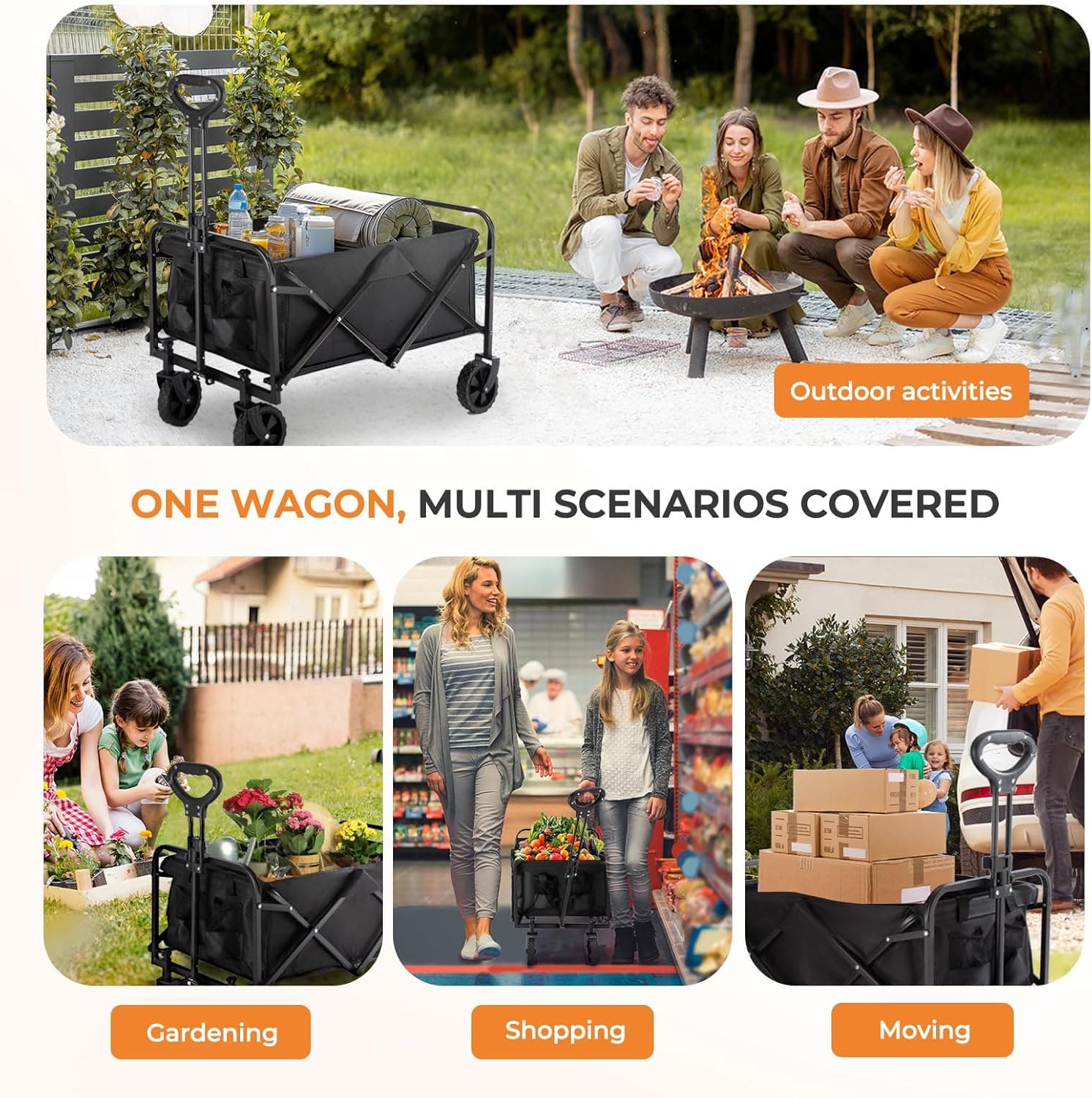 PASAMIC Collapsible Wagon 220 lbs, Heavy Duty Wagon Carts Foldable, Portable Wagons for Groceries, Beach Cart with All-Terrain Wheels & Drink Holders, Utility Wagon for Shopping, Sports, Camping,Black - Image 8