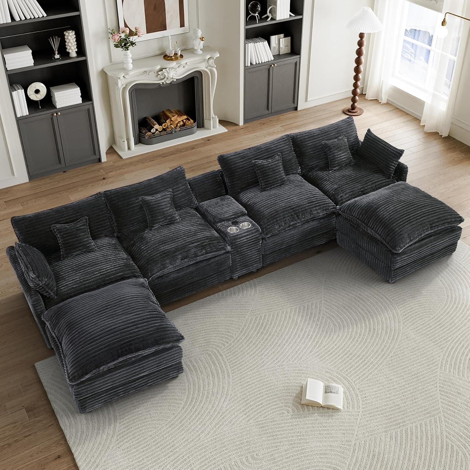 HYJT-H&K 145" U Shaped Cloud Couch Modular Dark Grey Sectional Couches for Living Room, Comfy Fluffy Corduroy Oversized Cloud Sectional Couch Large 6 Seat Sectionals Sofa Set Central Console USB Port 145" Dark Grey - Image 2