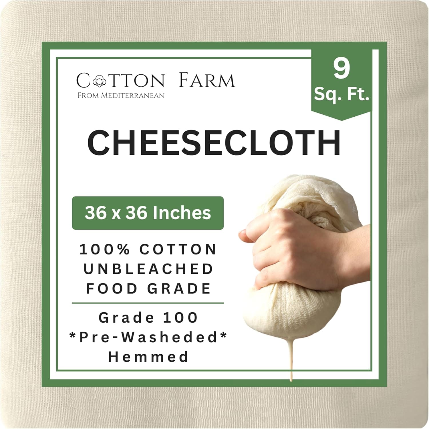 Cotton Farm Grade 100 XL Cheese Cloth - Straining & More; 36x36 Inch; 100% Unbleached Cotton Cheesecloth; Reusable with Hemmed 2 Edges; Ultra-Dense (the finest) Butter Muslin 1 Yard - Image 2