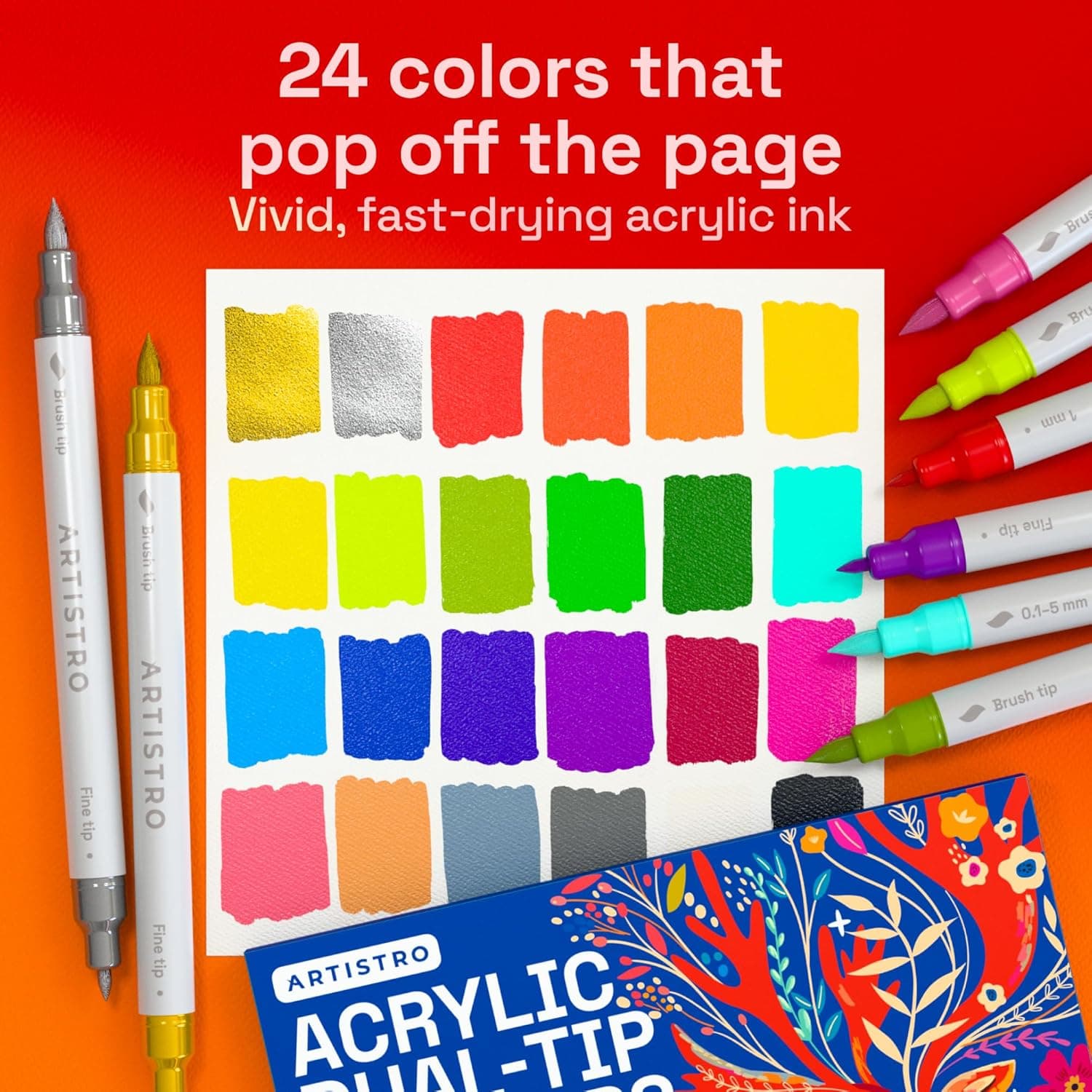 ARTISTRO 24 Acrylic Paint Markers - Paint Pens for Calligraphy, Brush + Fine Tips - For Fabric, Rock, Glass, Wood, DIY, Craft, Canvas - Art and Craft Supplies for Adults, Teens, Kids 24 Multicolor - Image 2