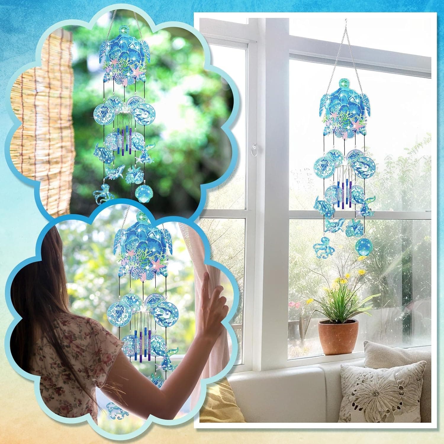Beach Wind Chimes Diamond Art Wind Chimes Suncatchers Beach Diamond Art Kits with Crystal Pendant Hanging Ornament for Home Garden Patio Backyard Decor(Blue) - Image 3