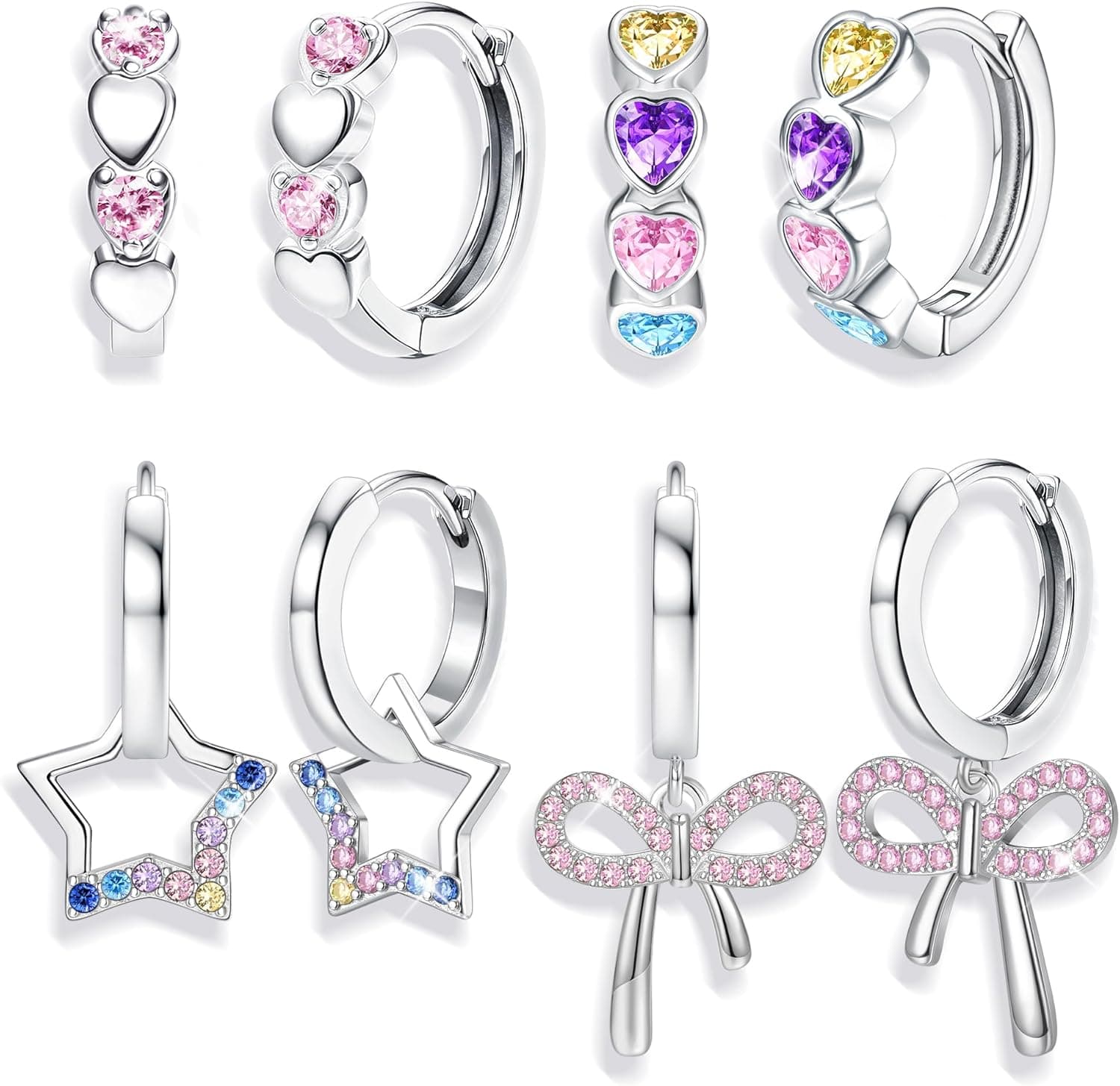 BESTEEL 4 Pairs Hypoallergenic Huggie Hoop Earrings for Girls Women Silver Plated Small Dangle Hoop Earrings Bow Earrings Tiny Cute CZ Heart Butterfly Earrings Set Pink Colorful Star Earrings for Sensitive Ears(over 3 years old) Heart star bow set - Image 2