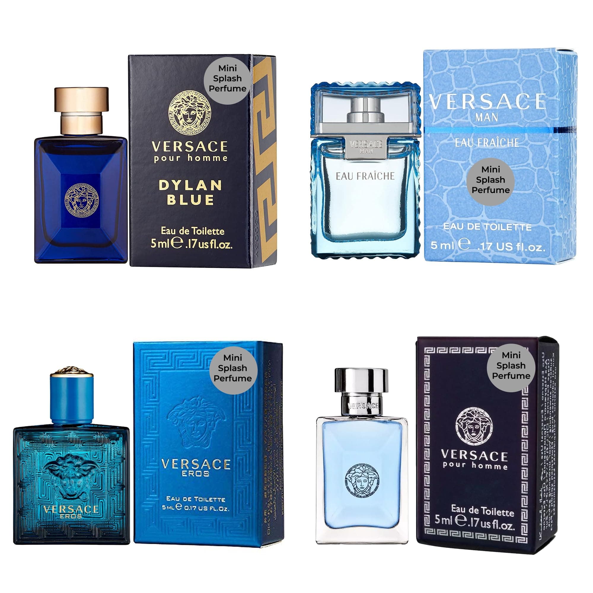 Versace Cologne for Men Set of 4 Mini Eros, Pour Homme, Dylan Blue, Eau Fraiche Perfume for Men Fragrance Sampler Set - Designer Mens Cologne Samples (4 Count, 0.17 oz) Eros, Pour Homme, Dylan Blue, Eau Fraiche 0.17 Fl Oz (Pack of 4)