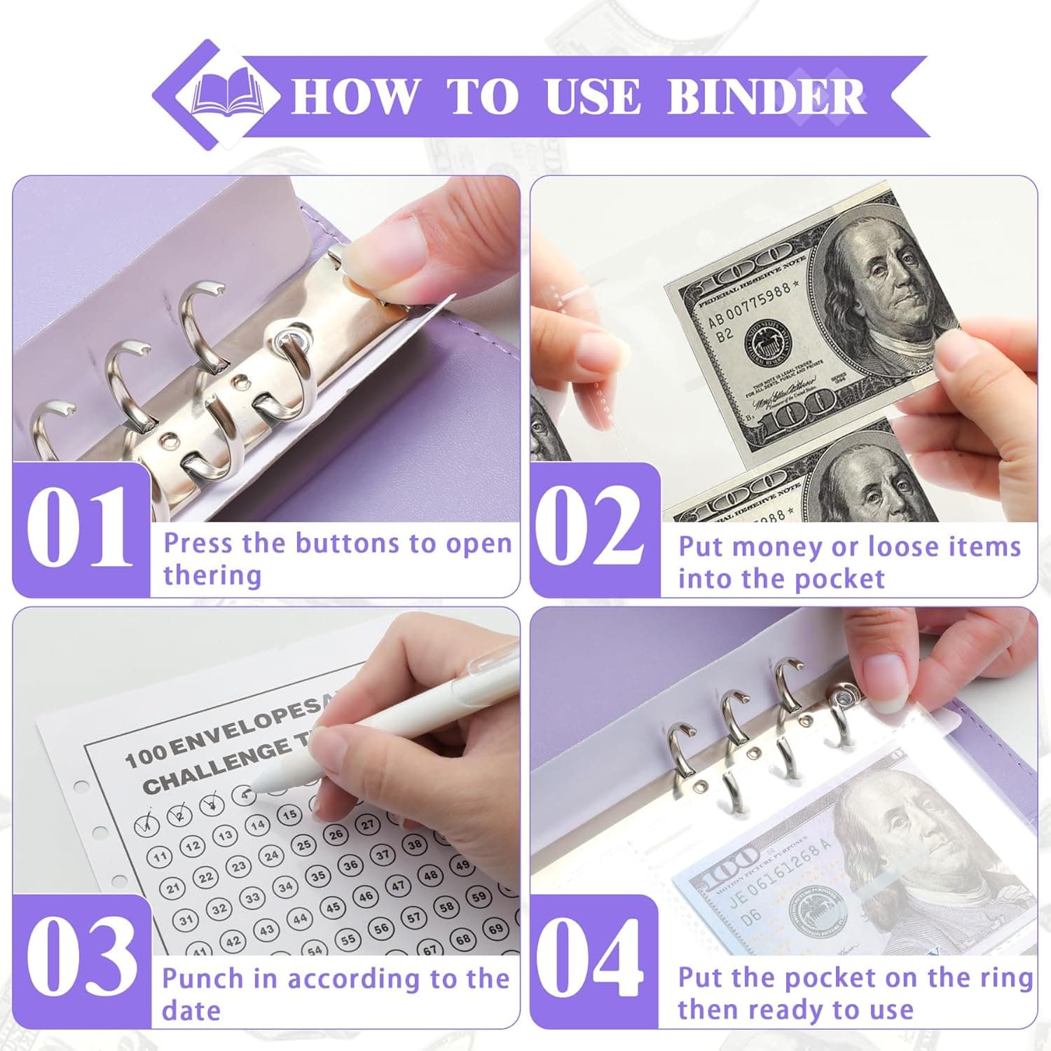 100 Envelopes Money Saving Binder A5 Savings Challenge Book Easy and Fun Way to Save $5,050 Purple - Image 2