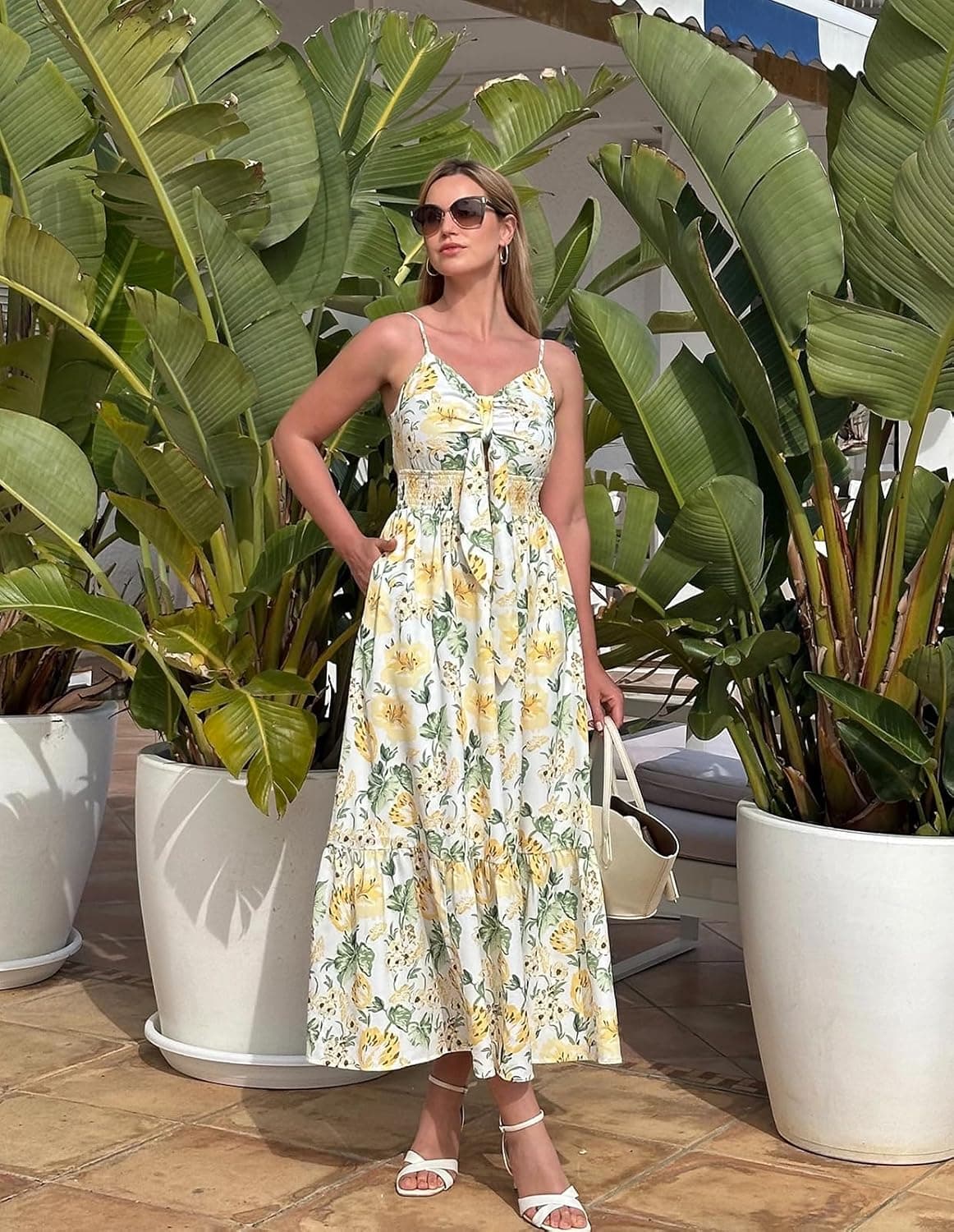 GRACE KARIN Women's 2025 Summer Maxi Dress Floral Tie Front Spaghetti Strap Casual Boho Beach Flowy Sundress with Pockets Large White Yellow Flowers - Image 3