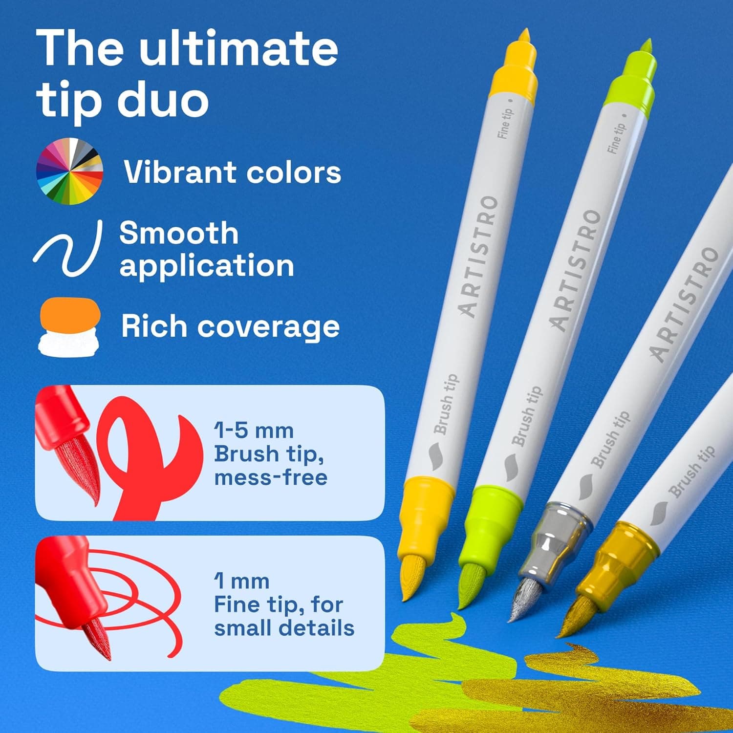 ARTISTRO 24 Acrylic Paint Markers - Paint Pens for Calligraphy, Brush + Fine Tips - For Fabric, Rock, Glass, Wood, DIY, Craft, Canvas - Art and Craft Supplies for Adults, Teens, Kids 24 Multicolor - Image 3