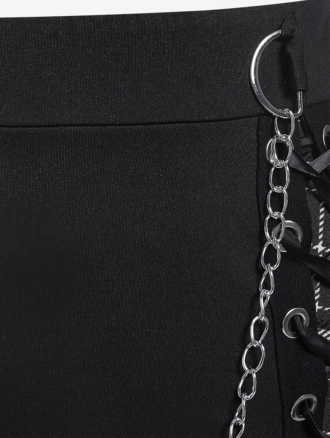 ROSE GAL Women's Plus Size Mini A-Line Gothic Skirt Casual Plain Chain Detail High Waisted Short Stitching Plaid Pleated Black 1X - Image 4