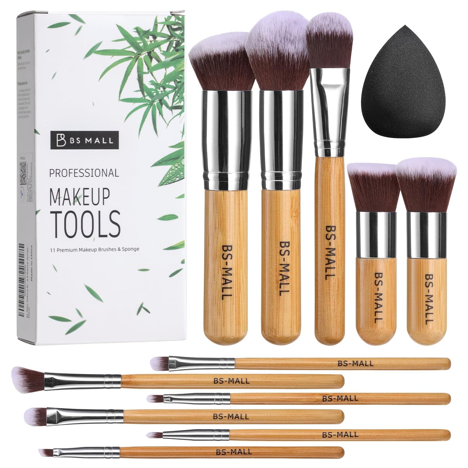 BS-MALL Makeup Brush Set 11Pcs Bamboo Synthetic Kabuki Brush Set Foundation Powder Blending Concealer Eye shadows Blush Cosmetics Brushes with Organizer Bag & Makeup Sponge (style, Count, 12) 12 Piece Set 1.0