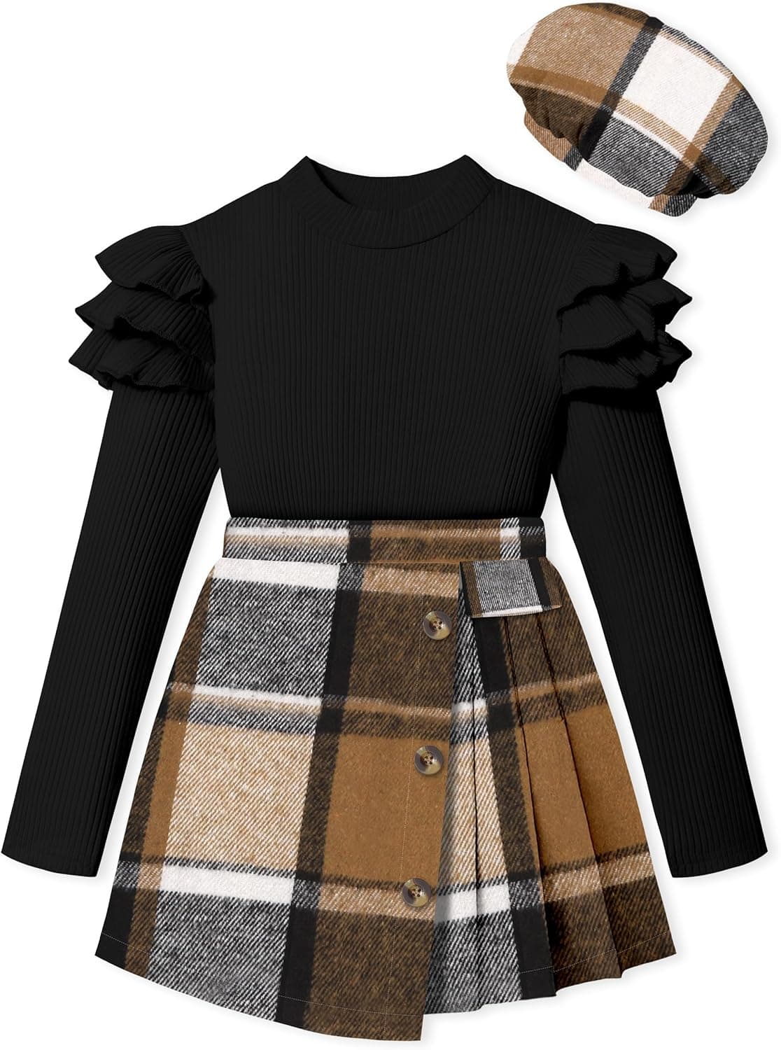 MIGU Girls Clothes Skirt Set Fall Winter Ruffle long Sleeve Tops+Plaid Skirt Shorts+Hat Girls Clothing Sets 3Pcs Outfits Black+brown 9-10 Years - Image 2