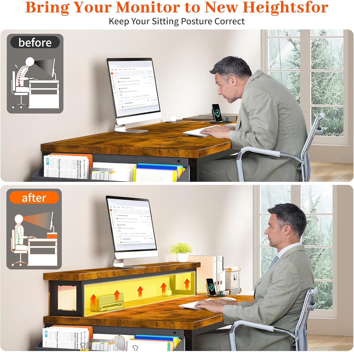 EnHomee 57" Office Desk with Drawers and Printer Space,Computer Desk with Power Outlets,Home Office Desks with File Drawers Cabinet,Study and Gaming Desk with Shelves Monitor Stand,Rustic Brown - Image 8