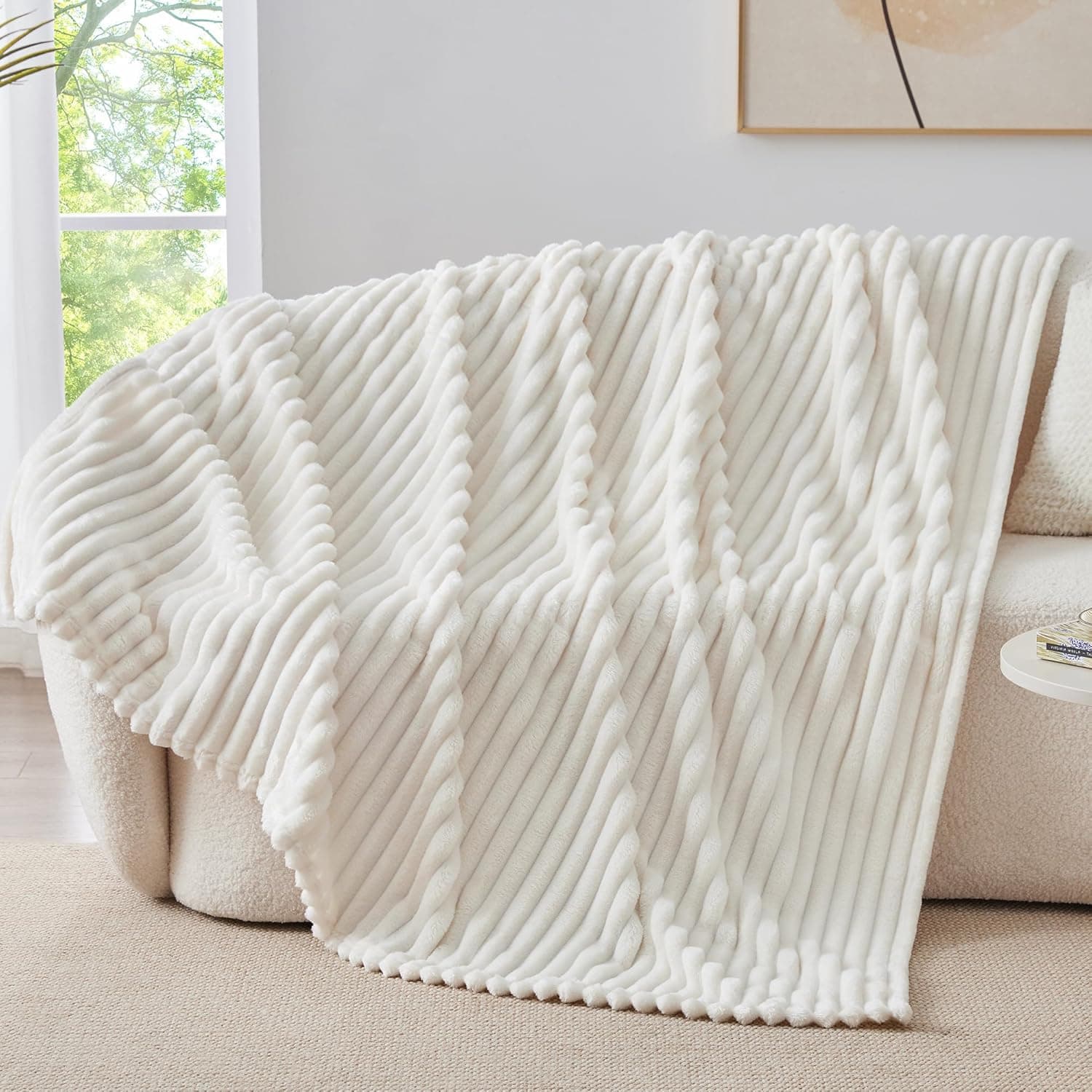 BEDELITE Fleece Throw Blanket for Couch - 300GSM Soft & Warm Fluffy Cream White Blanket, Decorative and Giftable Striped Blankets for Women, Men, 50"x60" Cream Throw(50"x60") - Image 8