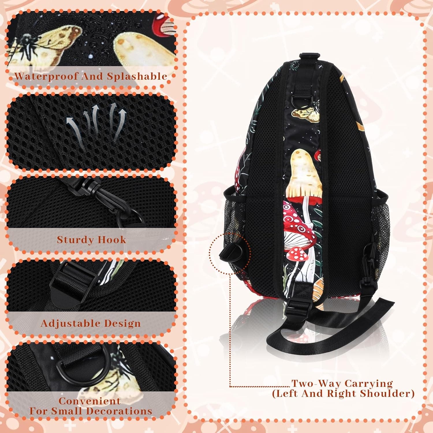 cobee 3 Pcs Mushroom Sling Backpack Set, Adjustable Crossbody Shoulder Bag Multi-pocket Chest Bag with Mushroom Purse Keychain for Men Women, Travel, Hiking, Casual Sport, Climbing, Runners - Image 5