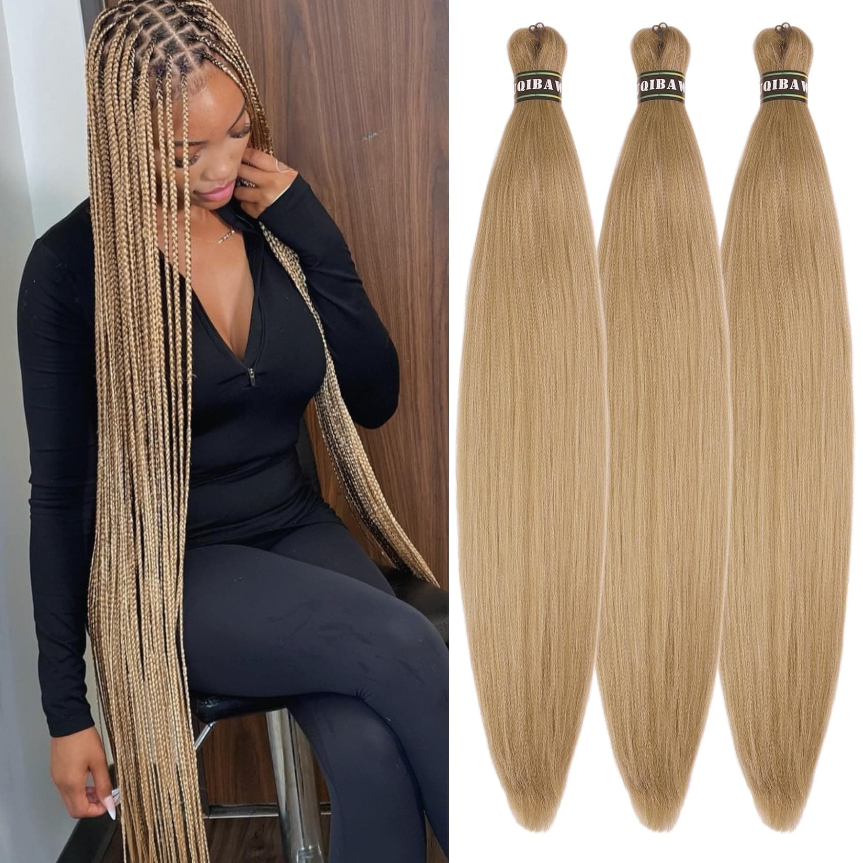 Brown Blonde Braiding Hair Pre stretched Box Braiding Hair Extensions Feed in Braids Pack of 3 Blonde-Brown Blonde
