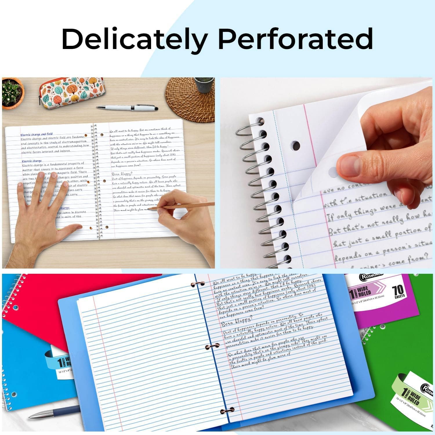 Rosmonde Spiral Notebooks, 12 Pack, 1 Subject Notebook, Wide Ruled, 70 Sheets, 8 x 10-1/2", 3 Hole Punched, School Supplies, Bulk Single Subject Spiral Notebook Bulk, Assorted Colors Pack of Notebooks 12 Pack 1 Subject - Image 5