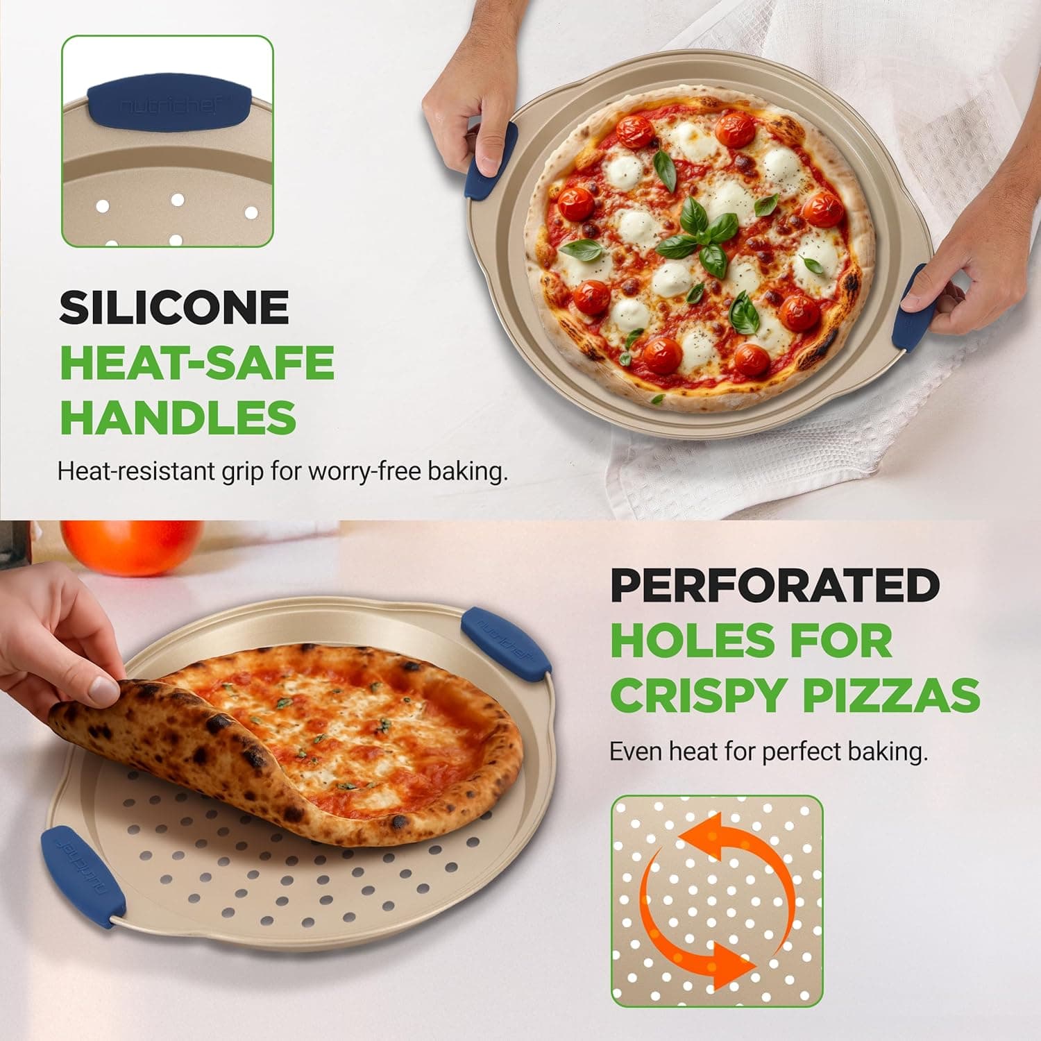 NutriChef 3-Piece Pizza Tray Set with Silicone Handles - Round Nonstick Pizza Pan with Perforated Holes, Durable Carbon Steel, Small, Medium, Large Sizes - Ideal for Crispy, Evenly Baked Pizzas (Gold) - Image 8