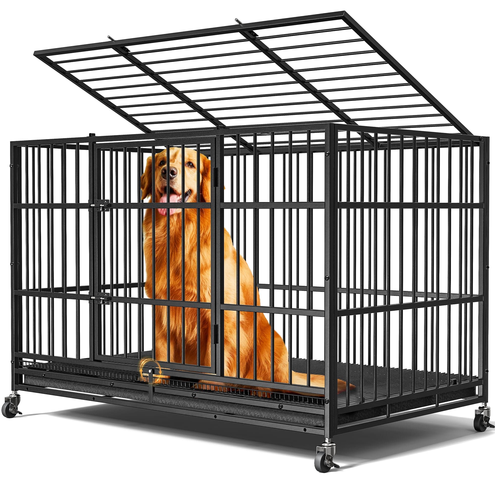 48"/38" Dog Crates for Large Dogs, Upgraded 4 Lockable Wheels, Removable Door, Dog Kennel Indoor, Max Load 300Lbs, Easy to Clean, Removable Tray, XL Dog Cage for Large and Medium Dogs 48 Inch