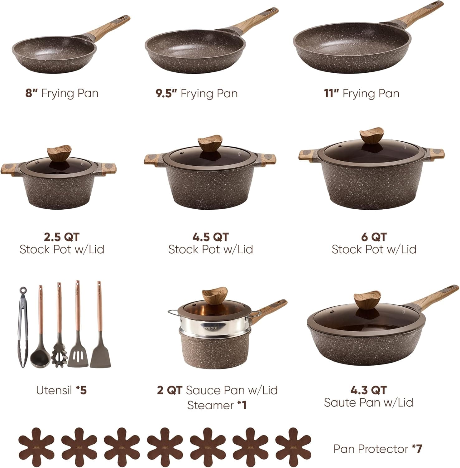 CAROTE 26PCS Pots and Pans Set Non Stick, Cookware Set Pots and Pans Induction Cook Ware, Nonstick Kitchen Cooking, PFOA Free Brown 26 Piece - Image 3