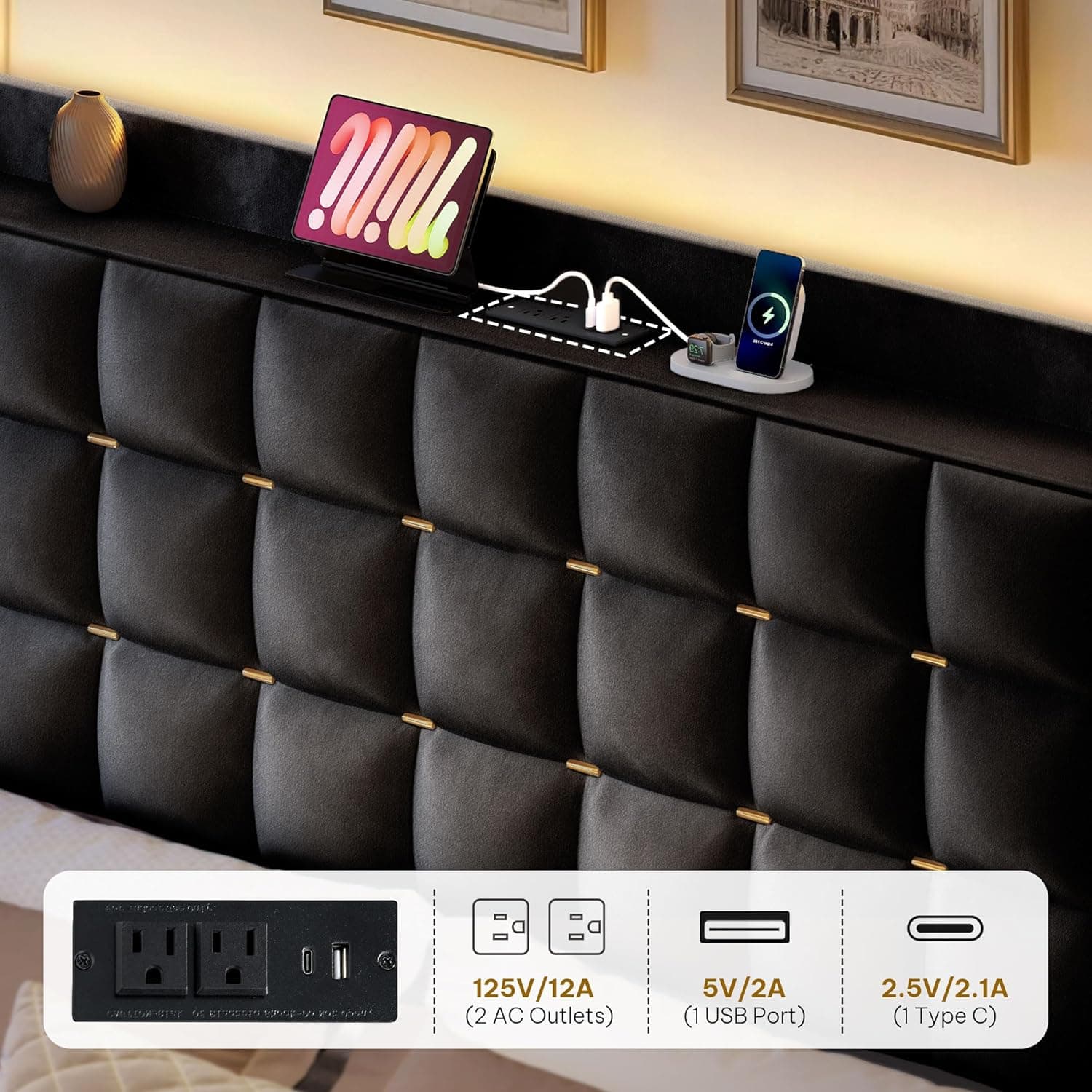 YITAHOME King Size Bed Frame with 3 Storage Drawers and RGB LED Lights, Velvet Upholstered Bed with Charging Station and Storage Headboard, No Box Spring Needed, Easy Assembly, Noise-Free, Black - Image 5