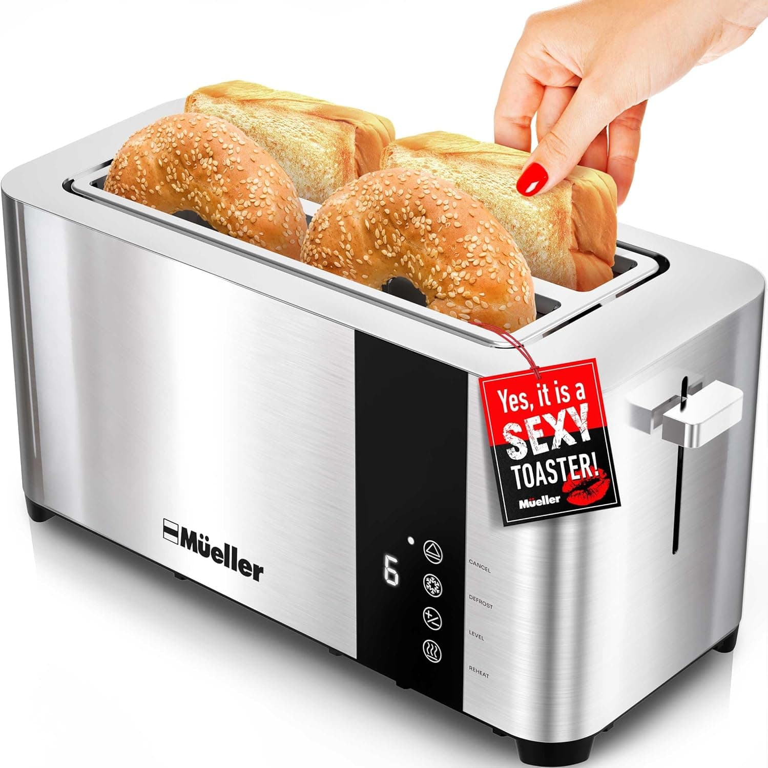 Mueller UltraToast Full Stainless Steel Toaster 4 Slice, Long Extra-Wide Slots for Bagels and Waffles, 6 Browning Levels, LED Display, Cancel/Defrost/Reheat Functions & Removable Tray, Kitchen Gadgets - Image 2