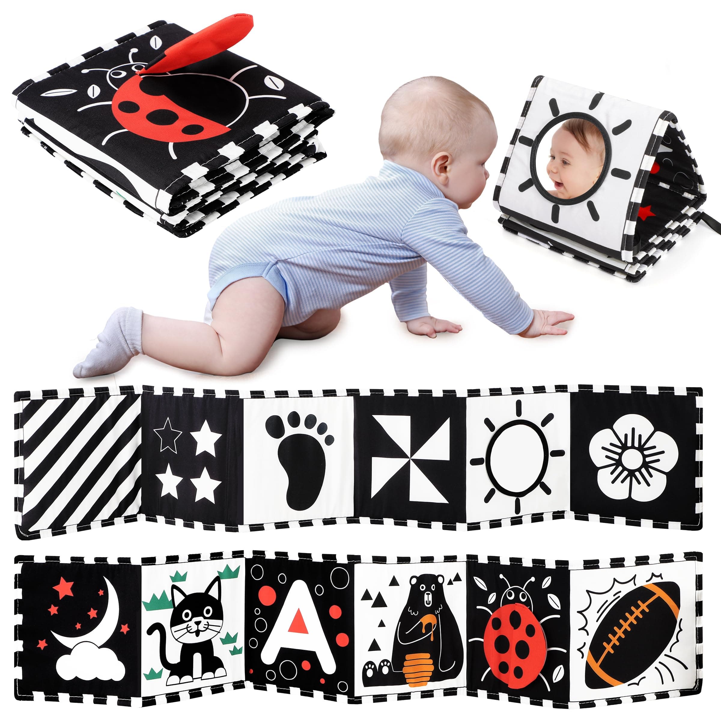URMYWO Juguetes para Bebés en Blanco y Negro, Juguetes de Alto Contraste para Tummy Time para Recién Nacidos de 0 a 3 Meses, Libro Suave para Bebés, Juguetes Sensoriales Montessori para Bebés de 0-6-12 Meses, Regalo de Duchas para Niños y Niñas Juguete en Blanco, Negro y Colorido