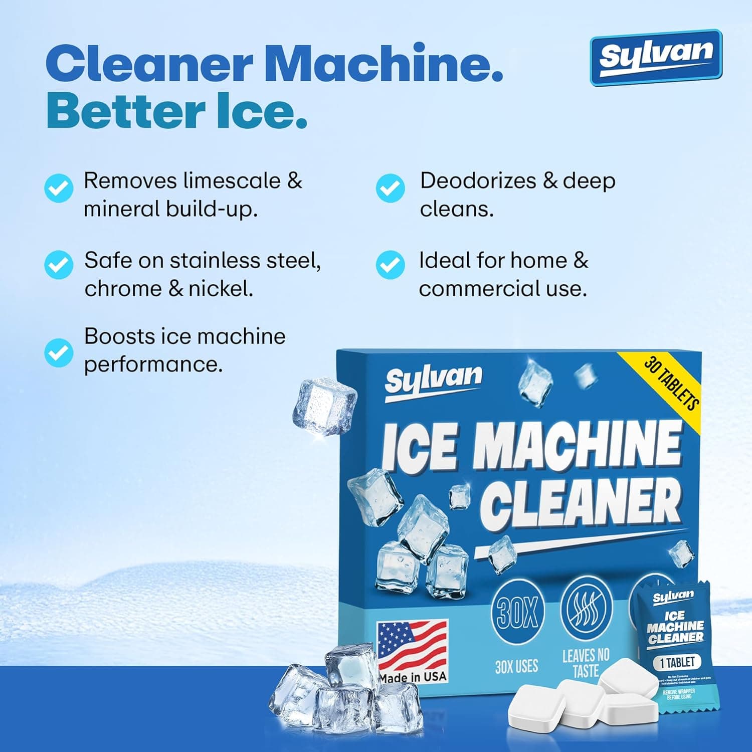 Sylvan Ice Machine Cleaner and Descaler Tablets | 30 Tabs | Made in USA | Nickel Safe Ice Maker Cleaner and Descaler | Universal Compatibility for Commercial & Residential Ice Makers - Image 2