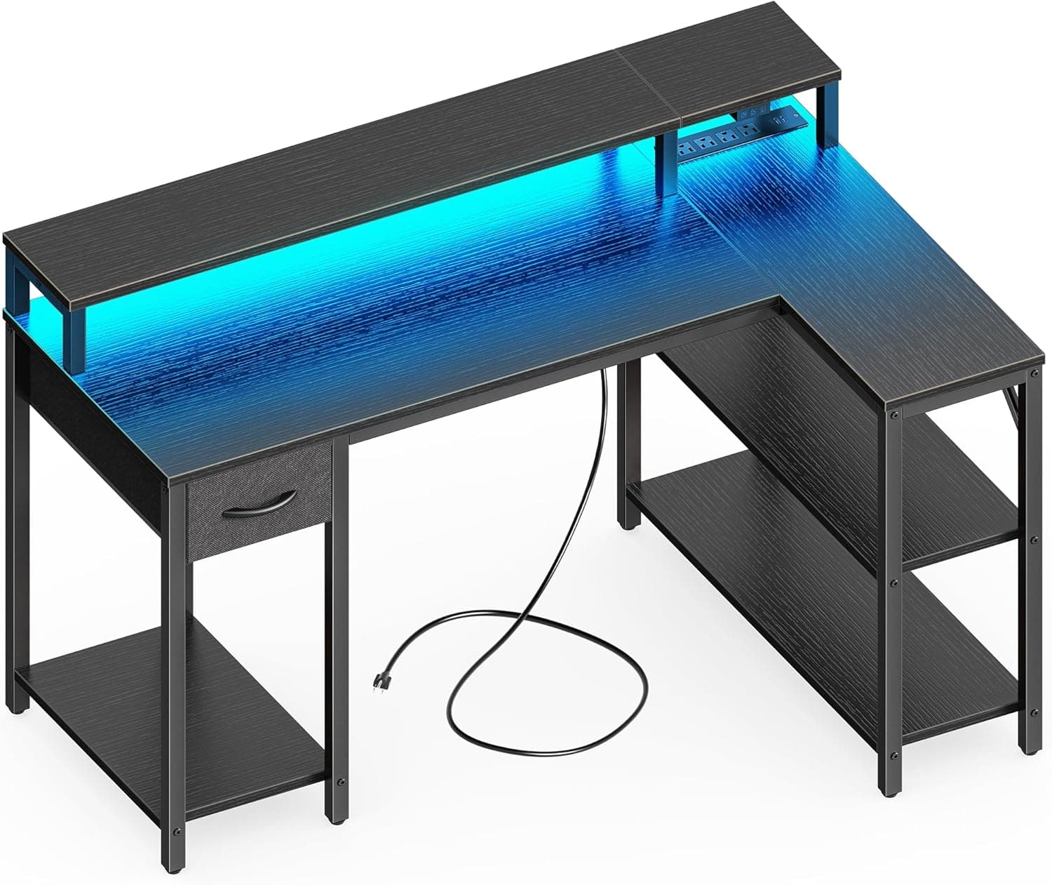 SUPERJARE 47 inch L Shaped Gaming Desk with LED Lights & Power Outlets, Reversible Computer Desk with Shelves & Monitor Stand, Corner Desk with Drawer, for Home & Office, Black, 7998BC Black 47 inch - Image 2