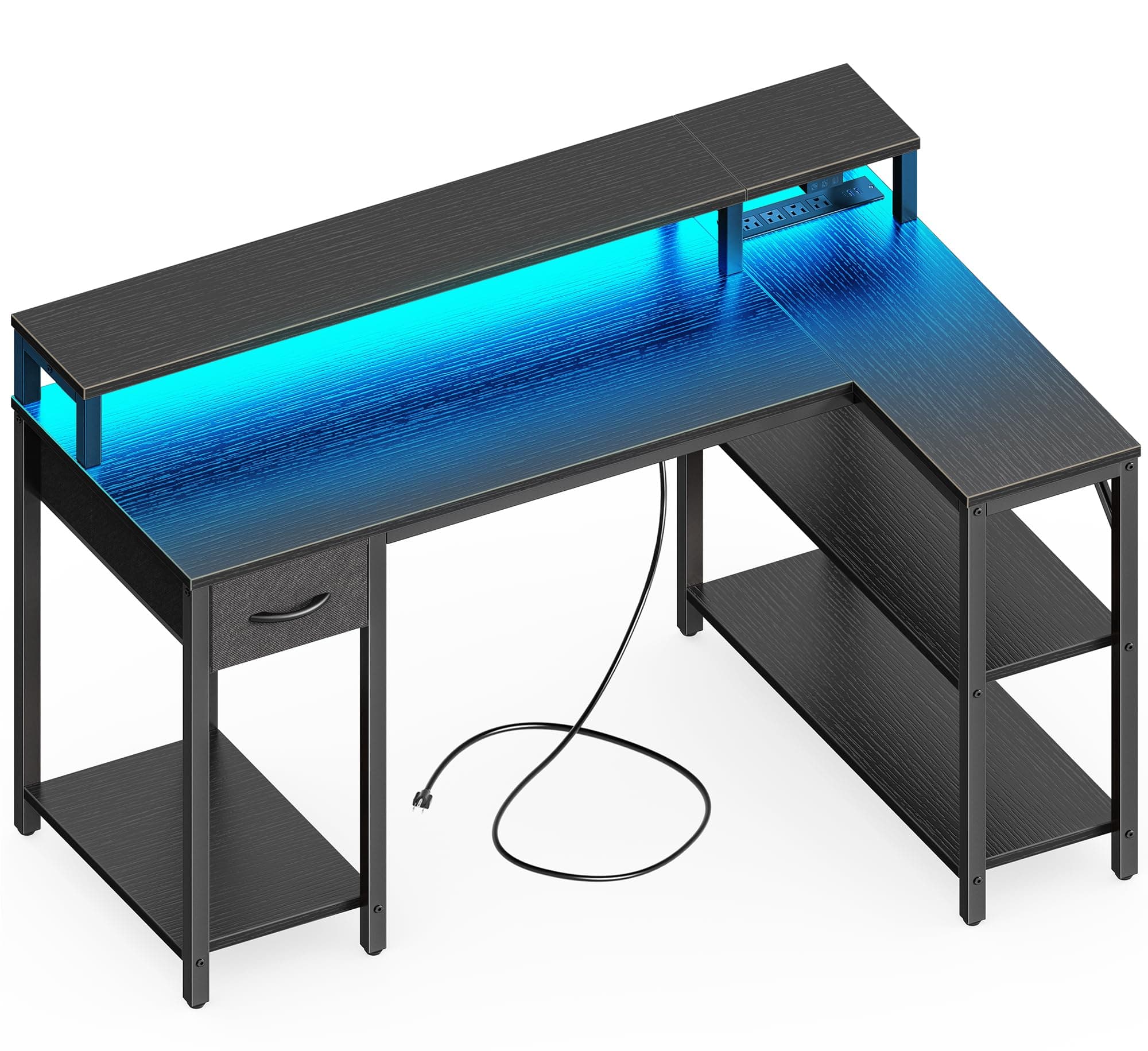 SUPERJARE 47 inch L Shaped Gaming Desk with LED Lights & Power Outlets, Reversible Computer Desk with Shelves & Monitor Stand, Corner Desk with Drawer, for Home & Office, Black, 7998BC Black 47 inch