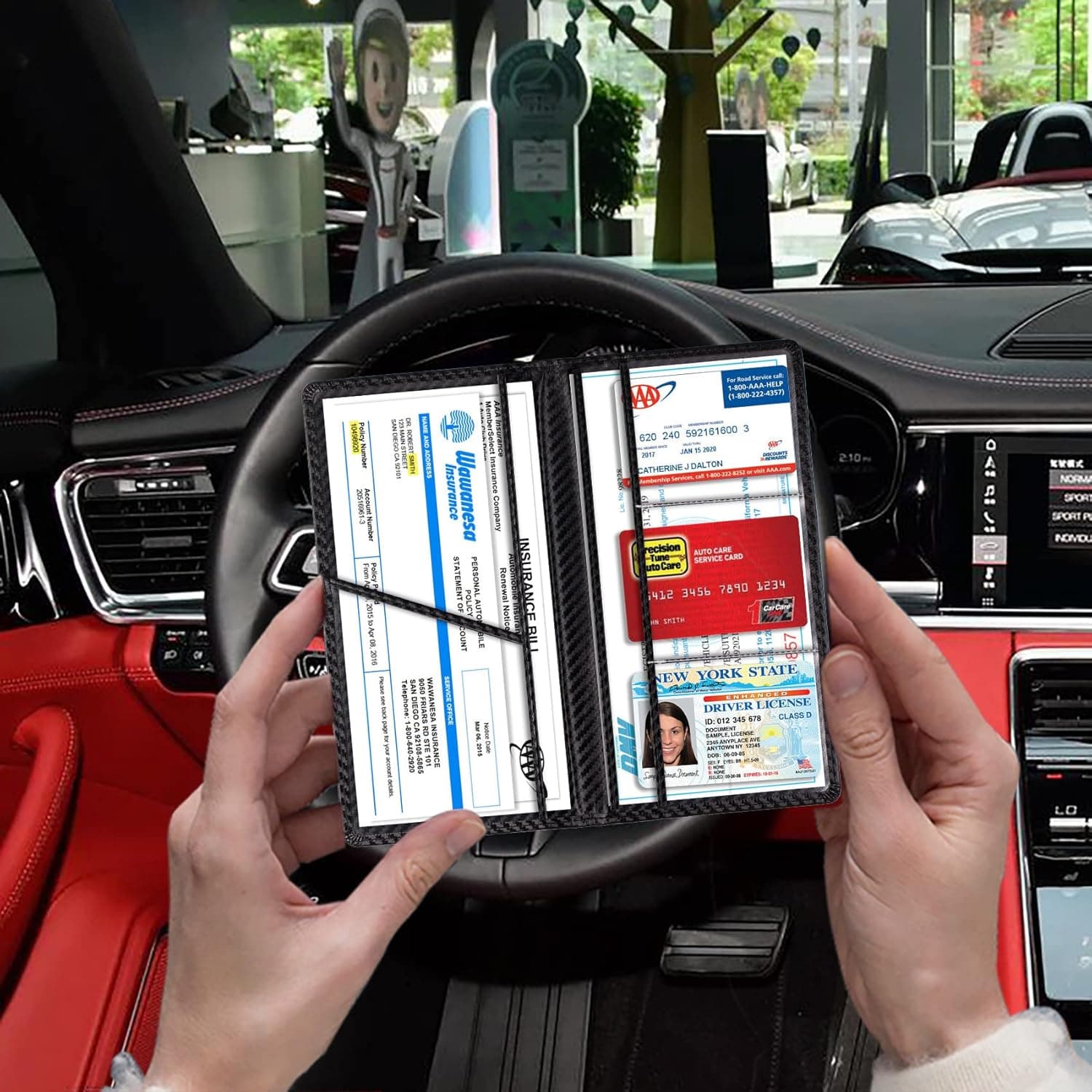 TOURSUIT Soporte para Registro de Auto y Tarjeta de Seguro, Organizador de Documentos de Licencia de Vehículo para el Compartimento de la Guantería, Accesorios de Interior para Autos para Mujeres, Hombres y Adolescentes (Fibra de Carbono Negra) - Image 4