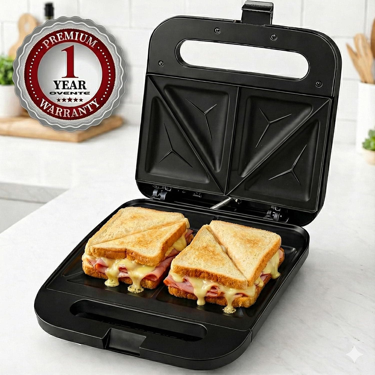 OVENTE Electric Sandwich Maker with Non-Stick Plates, Indicator Lights, Cool Touch Handle, Easy to Clean and Store, Perfect for Cooking Breakfast, Grilled Cheese, Tuna Melts and Snacks, Black GPS401B - Image 9