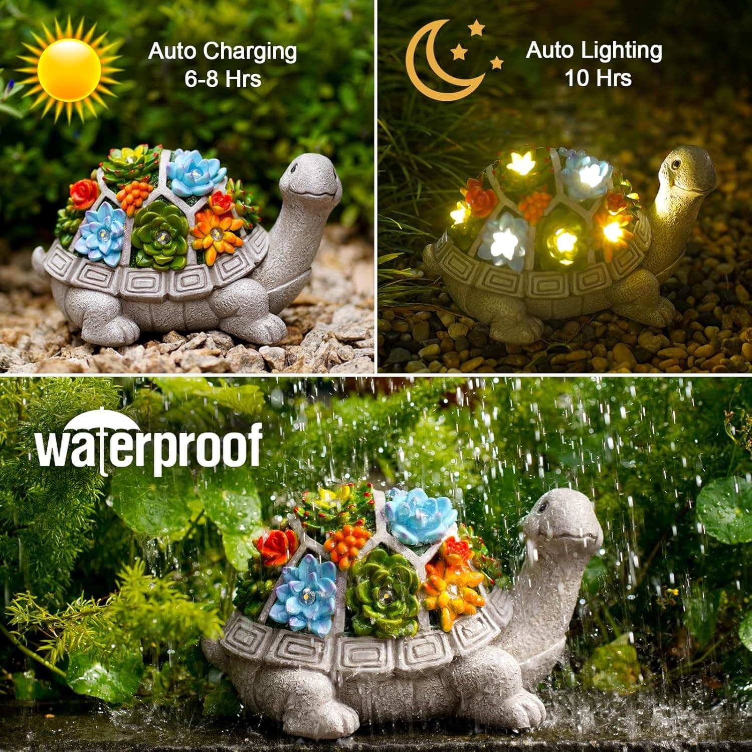 Nacome Solar Garden Outdoor Statues Turtle with Succulent and 7 LED Lights - Lawn Decor Tortoise Statue for Patio, Balcony, Yard Ornament - Chrismtas Gifts for Mom Grandma Grey Turtle - Image 6