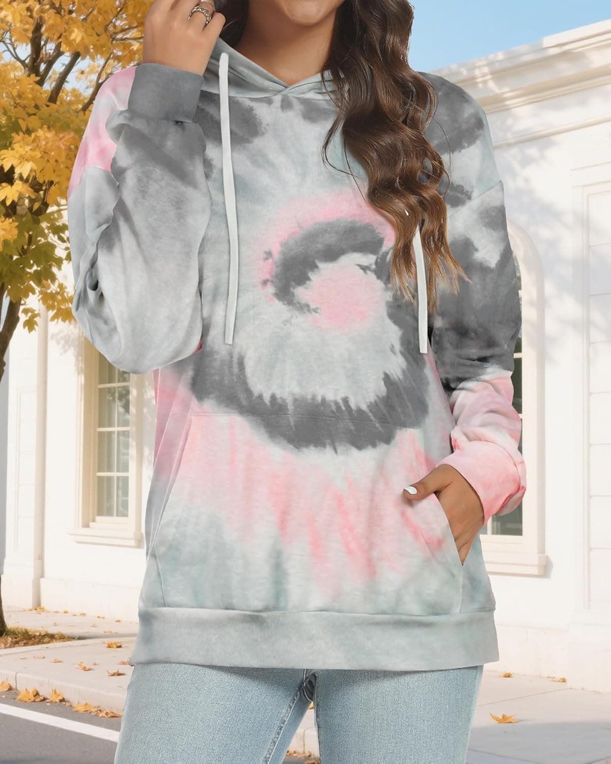 Women's Hoodies Long Sleeve Sweatshirts Drawstring Pullover Tops with Pocket Casual Loose Blouses Tunic X-Large Grey Pink Tie Dye - Image 3