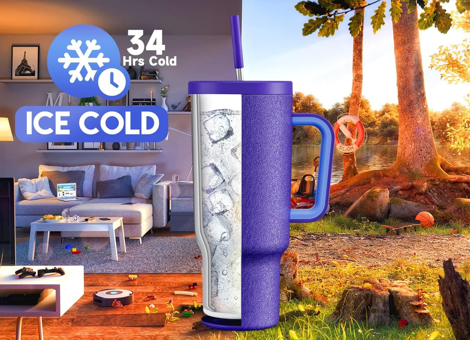 Meoky 40oz Tumbler with Handle, Leak-proof Lid and Straw, Insulated Coffee Mug Stainless Steel Travel Mug, Keeps Cold for 34 Hours or Hot for 10 Hours (Offshore) Offshore 40 Ounces - Image 3