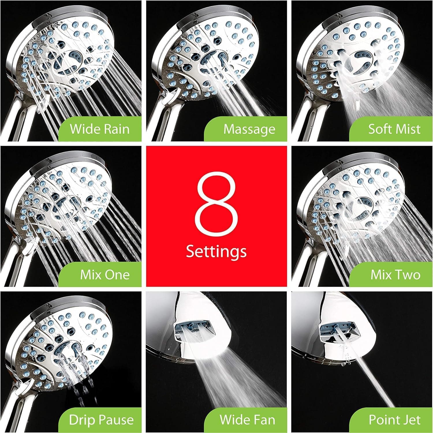 AquaCare High Pressure 8-mode Handheld Shower Head - Anti-clog Nozzles, Built-in Power Wash to Clean Tub, Tile & Pets, Extra Long 6 ft. Stainless Steel Hose, Wall & Overhead Brackets 2.5 Gallon Per Minute Premium Chrome - Image 5