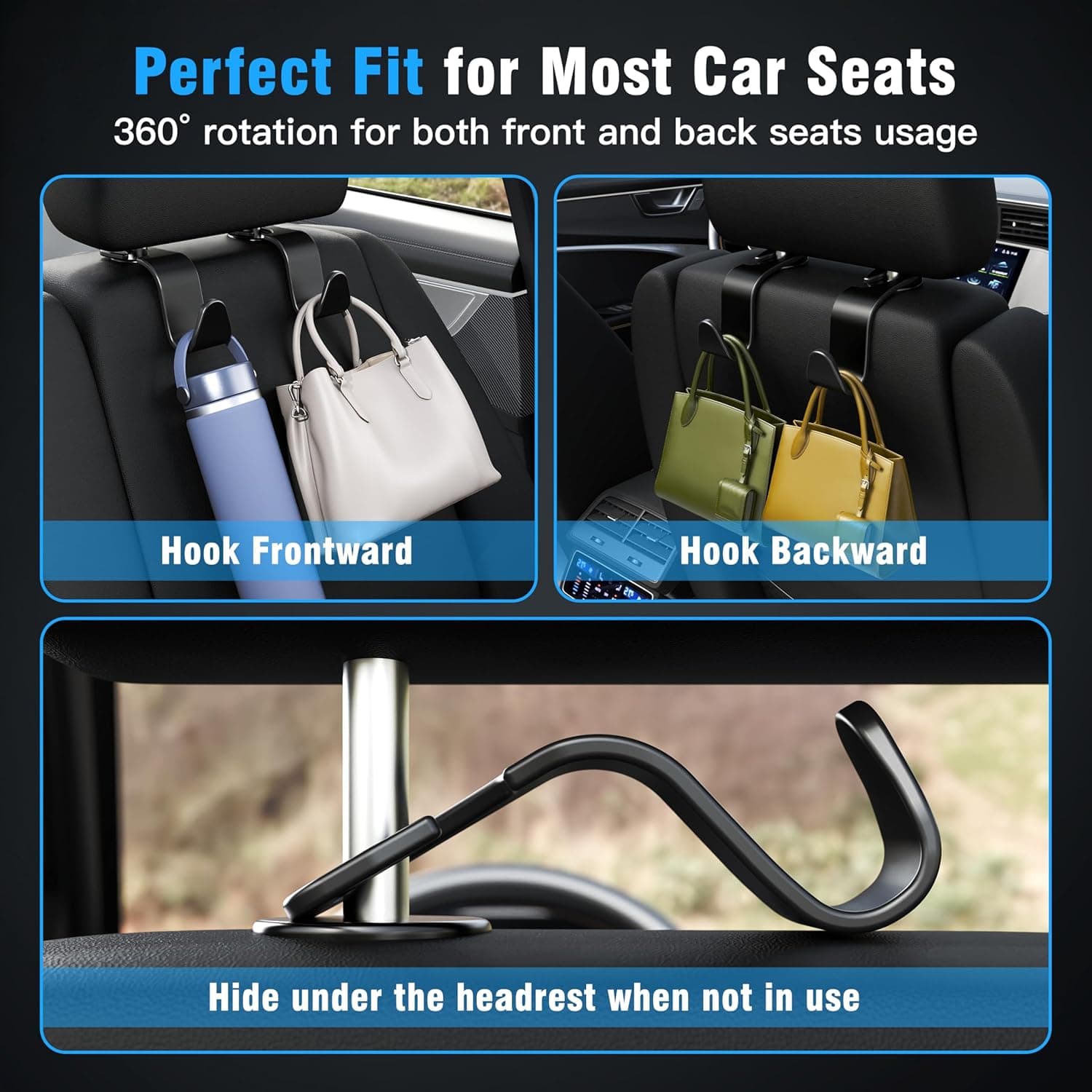 Amooca Car Seat Headrest Hook 4 Pack Hanger Storage Organizer Universal for Handbag Purse Coat fit Universal Vehicle Car Black S Type - Image 4