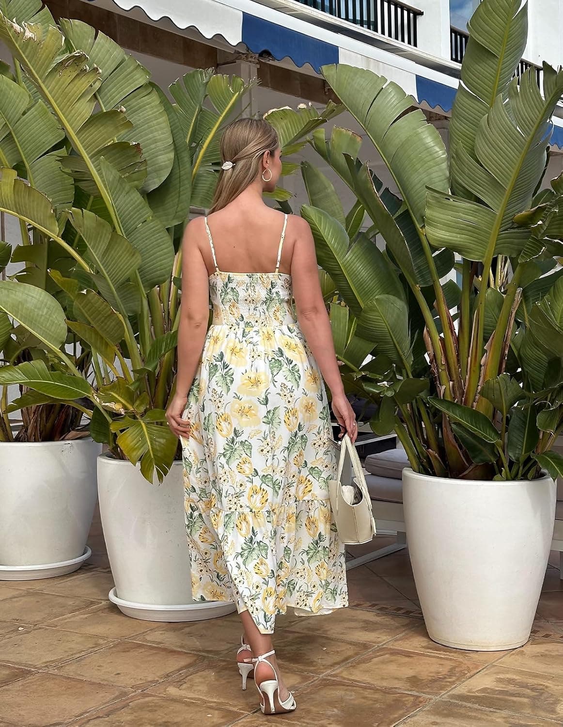 GRACE KARIN Women's 2025 Summer Maxi Dress Floral Tie Front Spaghetti Strap Casual Boho Beach Flowy Sundress with Pockets Large White Yellow Flowers - Image 4