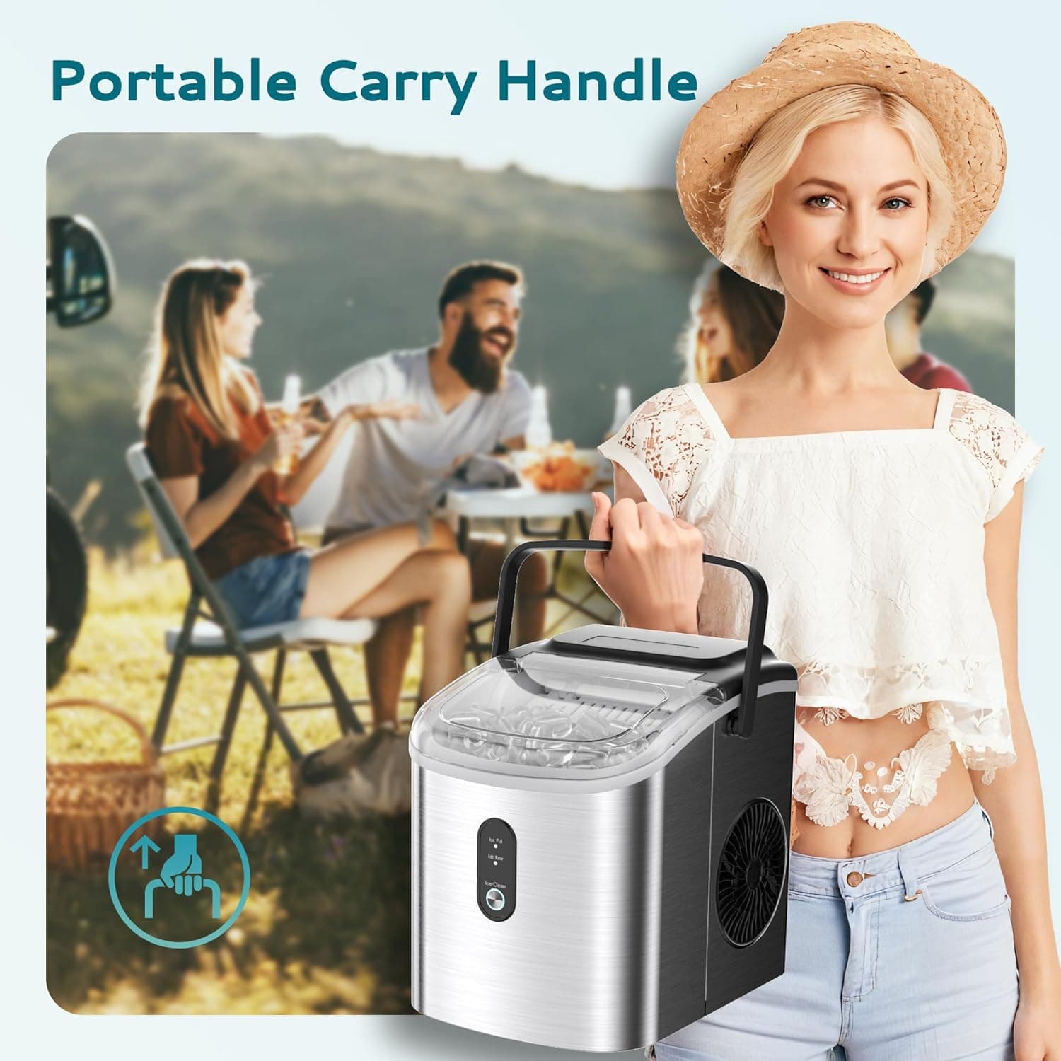 EUHOMY Ice Maker Countertop, Portable Ice Machine with Carry Handle, 26.5lbs Per Day, 9 Cubes in 6 Mins, Auto-Cleaning, with Basket and Scoop, for Home, Kitchen, Camping, RV (Silver) Stainless Steel Silver 26.5lbs/day - Image 5
