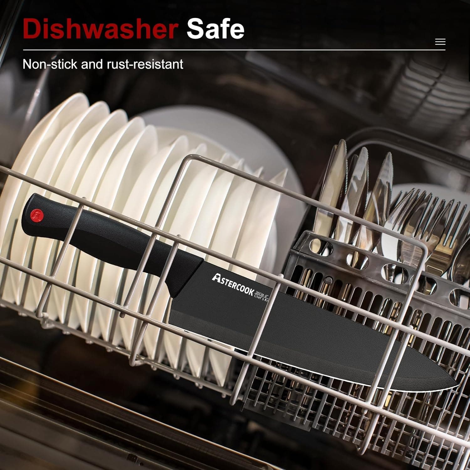 Astercook 15 Piece Knife Set with Sharpener Block - German Stainless Steel, Dishwasher Safe Kitchen Knives with Built-In Sharpener, Black - Image 8