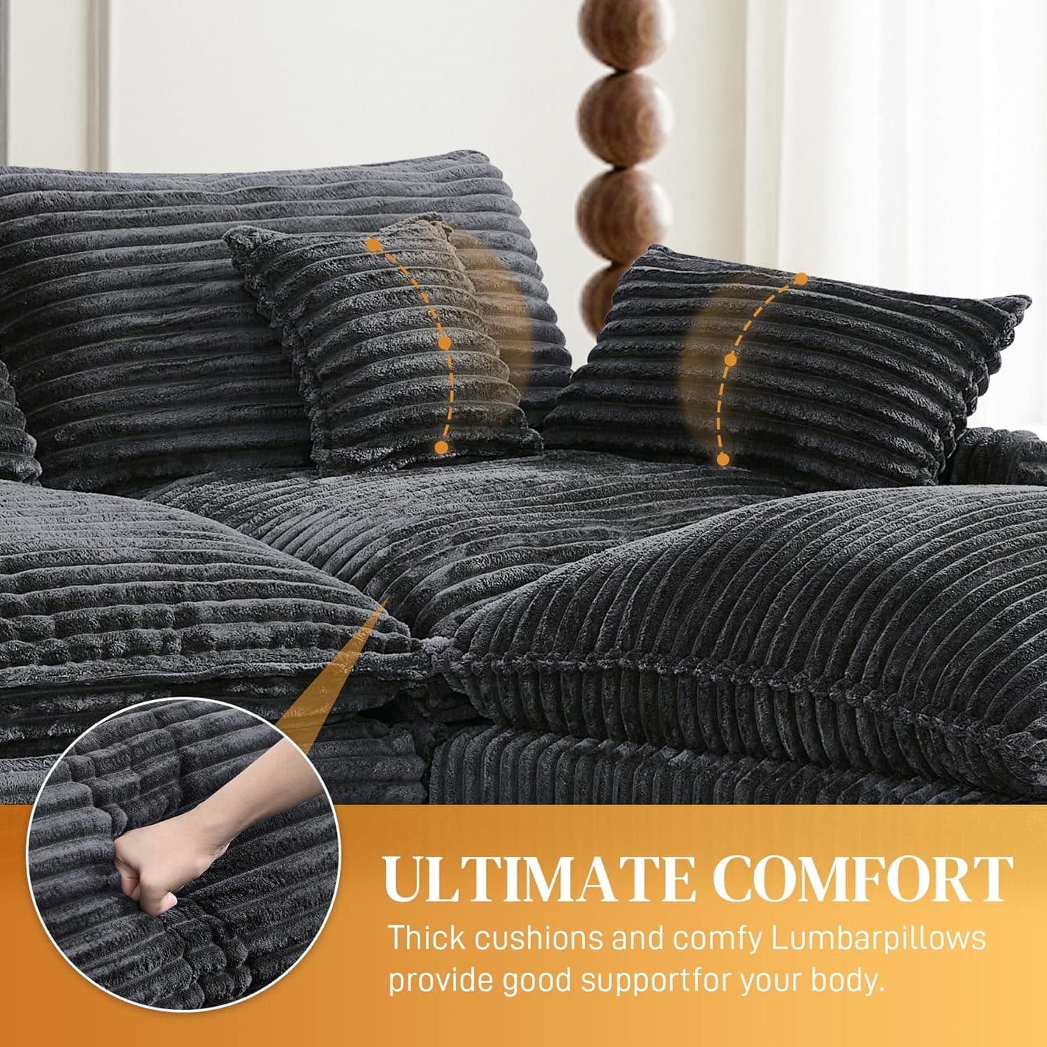 HYJT-H&K 145" U Shaped Cloud Couch Modular Dark Grey Sectional Couches for Living Room, Comfy Fluffy Corduroy Oversized Cloud Sectional Couch Large 6 Seat Sectionals Sofa Set Central Console USB Port 145" Dark Grey - Image 5