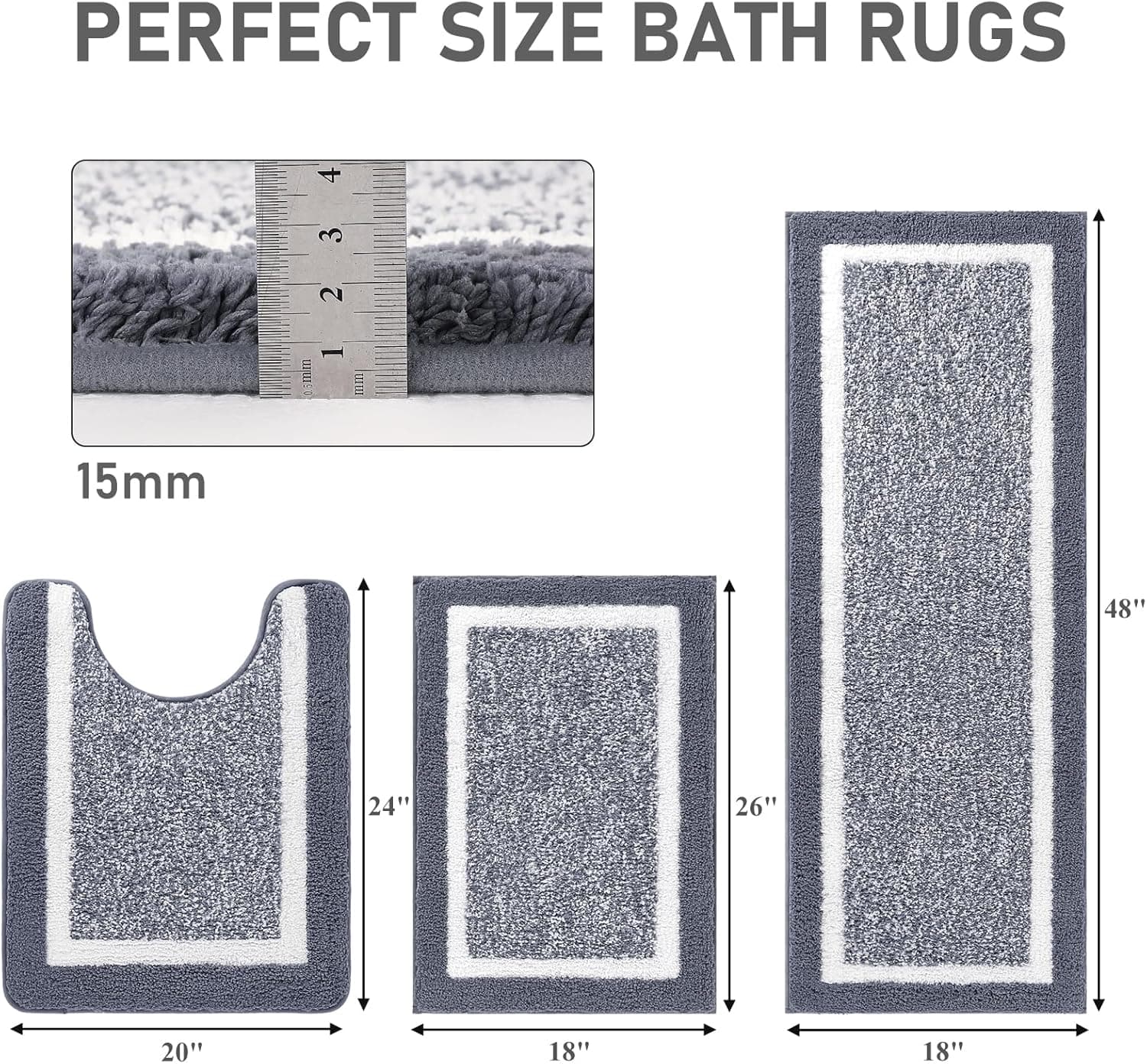 Pauwer Bathroom Rug Mat Set 3 Piece, Microfiber Shaggy Bath Set, Non-Slip Ultra Soft Carpet Mats, Absorbent with U-Shaped Toilet for Bathroom, Tub, Shower, Dark Grey Dark Grey 18"x26"+18"x48"+U Shape 20"x24" - Image 3